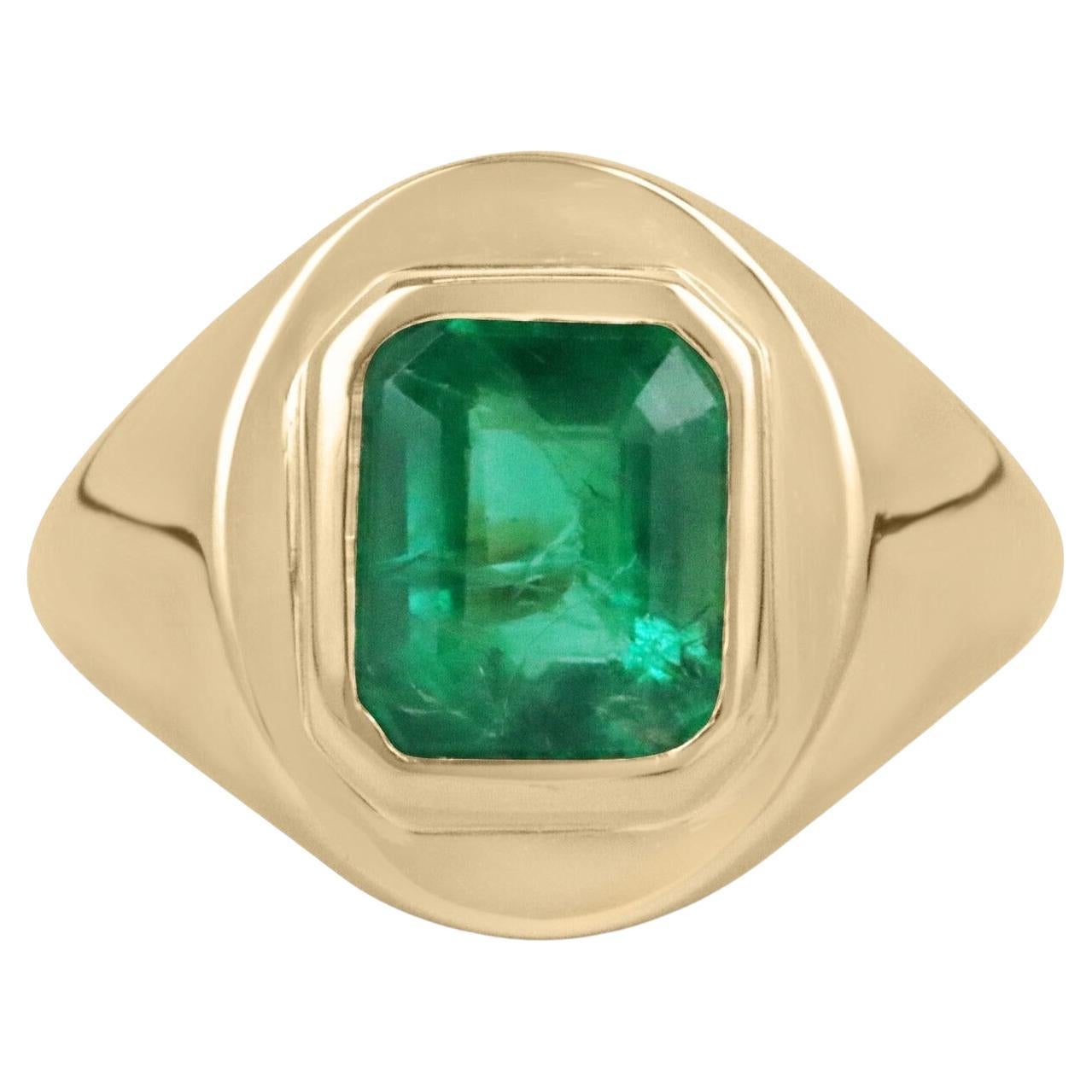 2.78 Carat AAA Top Quality Vivid Green Emerald Cut Solitaire Solid Gold Mens 18K