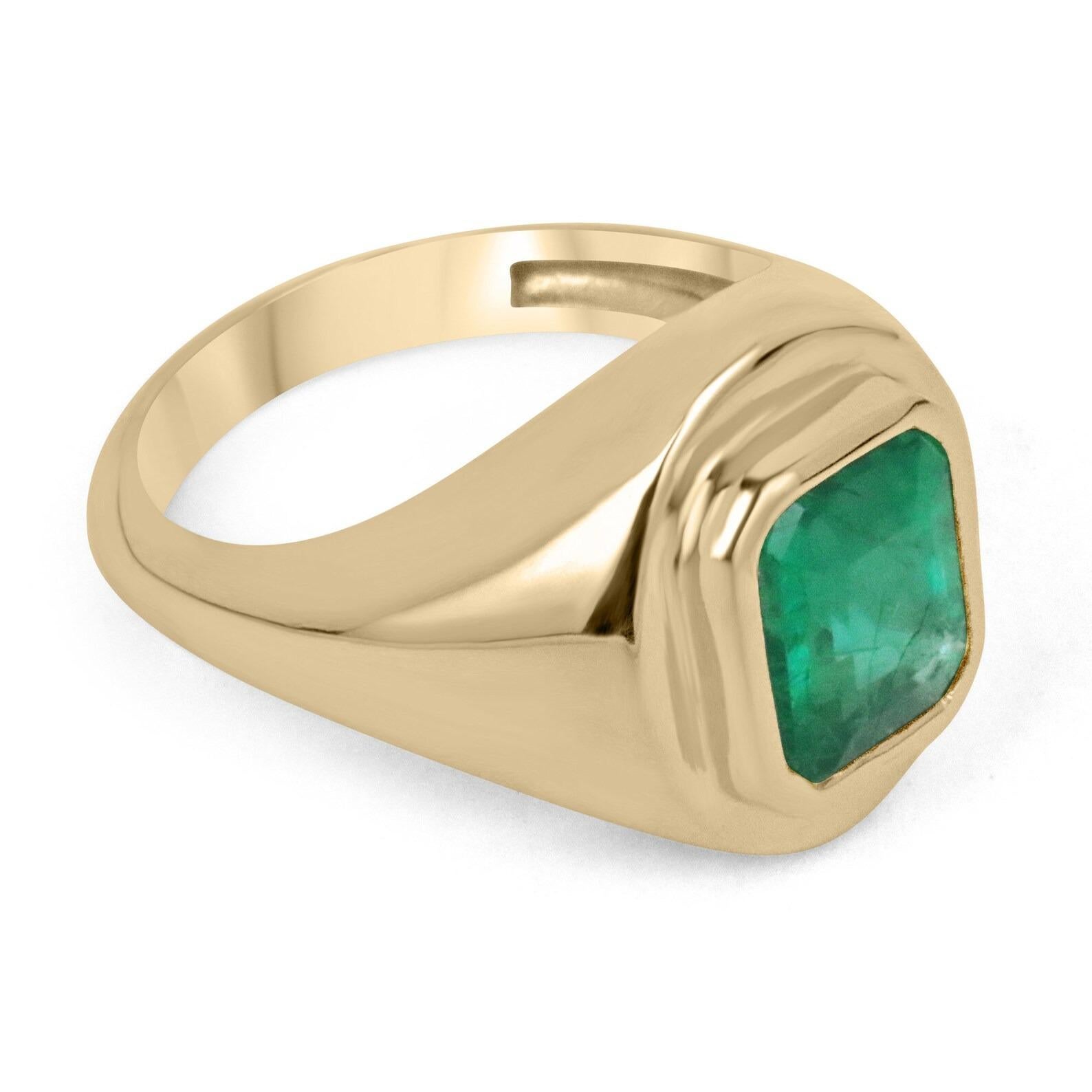 A luxurious solitaire emerald ring. The center stone features a magnificent 2.78-carat, natural emerald cut emerald ethically sourced from the mines of Zambia. This gemstone showcases a desirable rich, vivid, dark green color with a divine