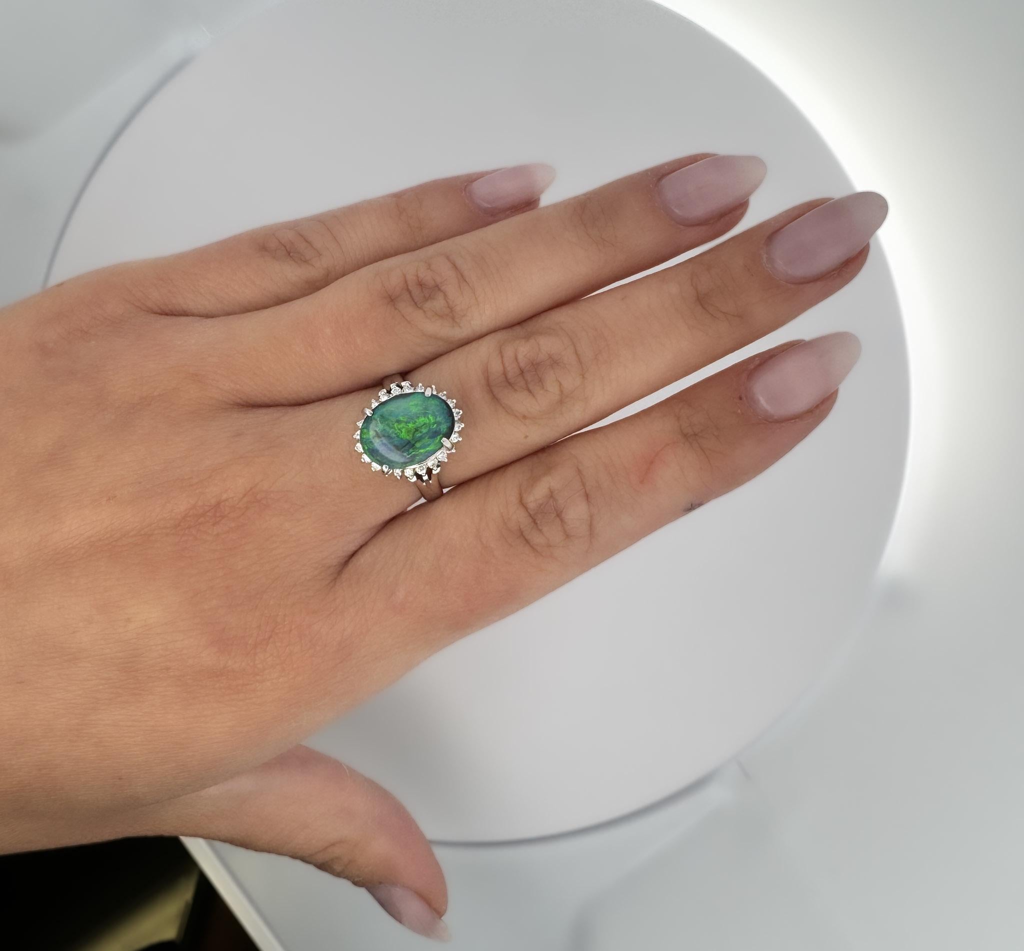 2.78 Carat Black Opal and Diamond Halo Platinum Filigree Ring For Sale 4