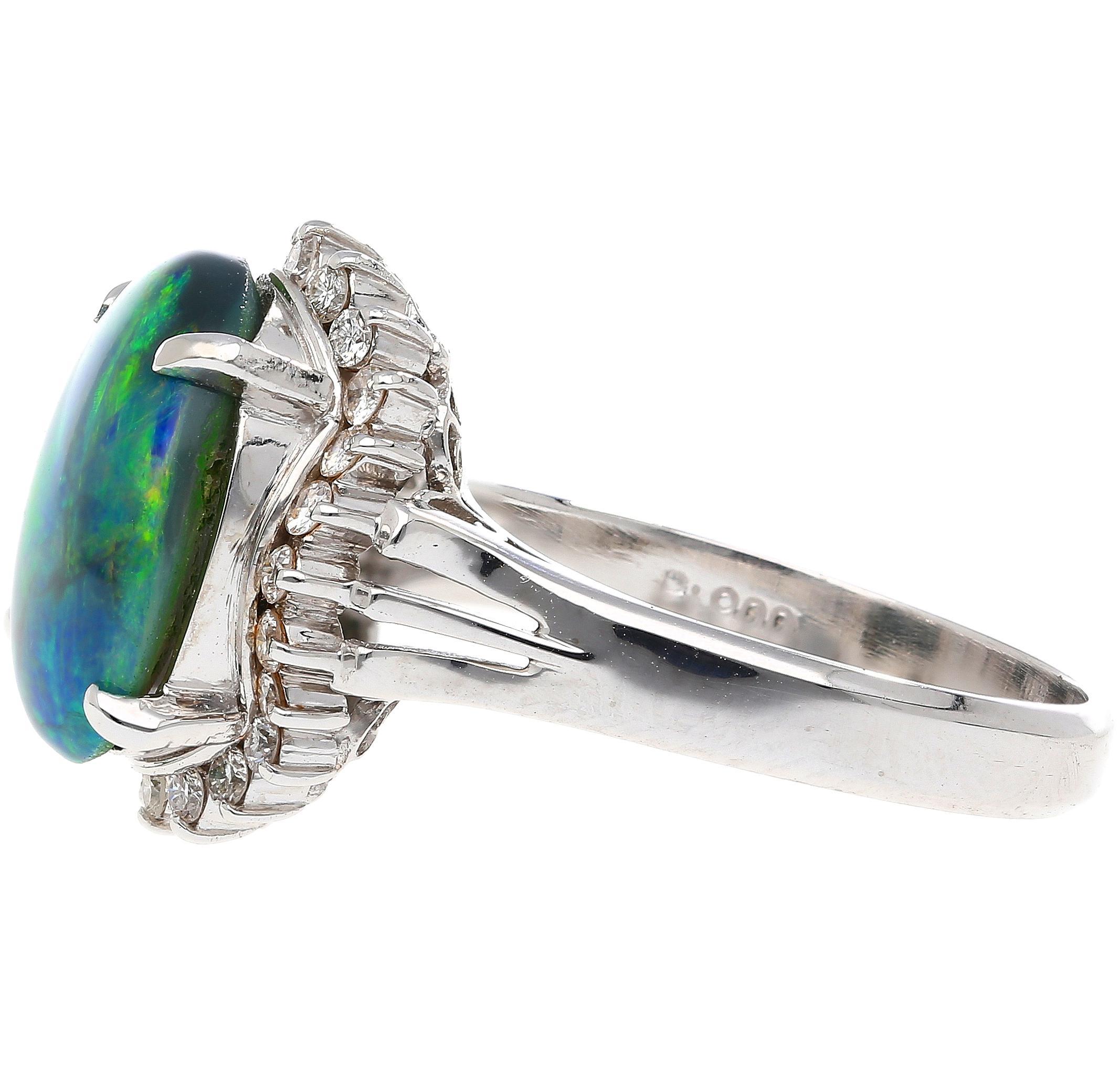 Art Nouveau 2.78 Carat Black Opal and Diamond Halo Platinum Filigree Ring For Sale