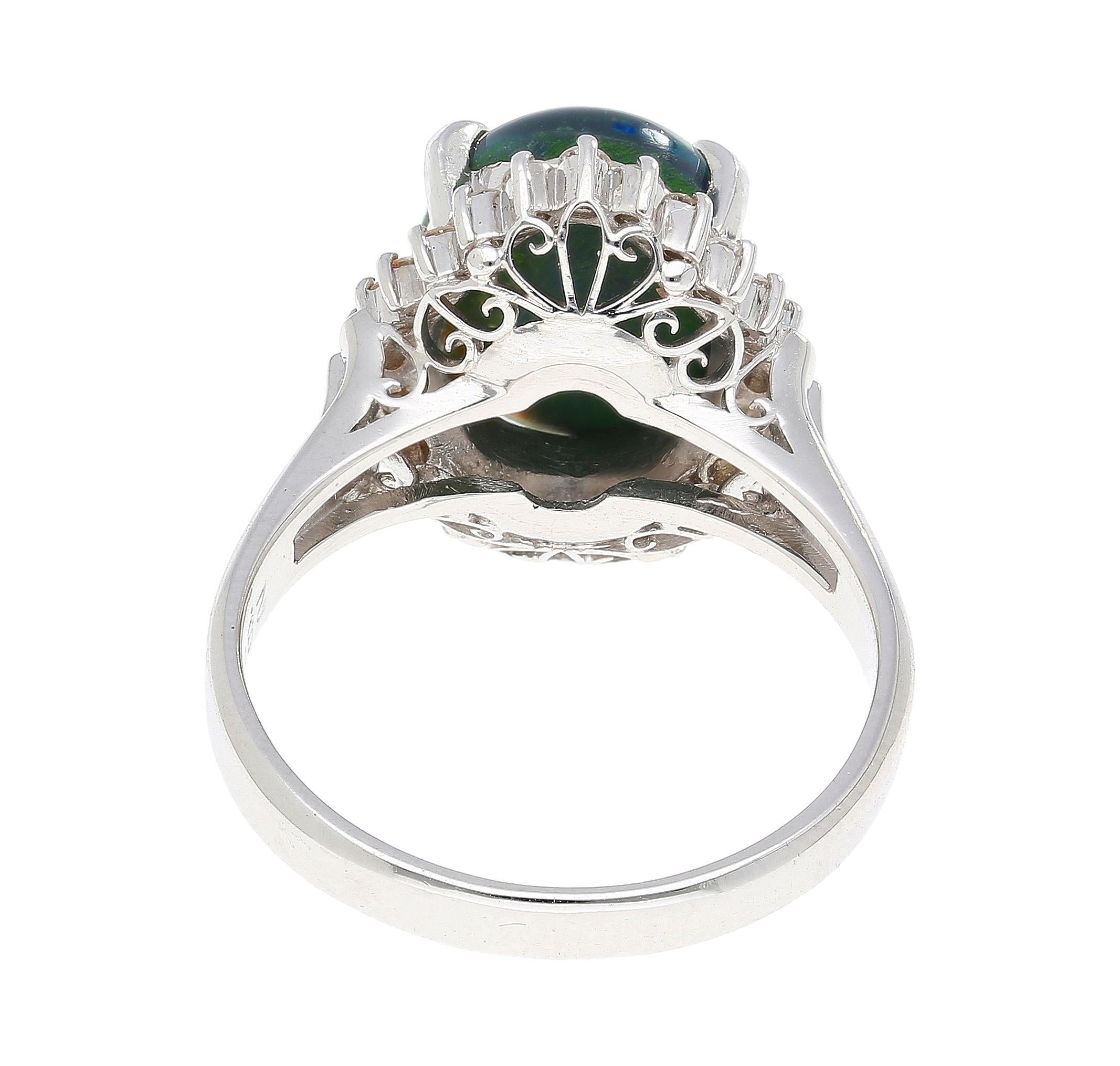 Oval Cut 2.78 Carat Black Opal and Diamond Halo Platinum Filigree Ring For Sale