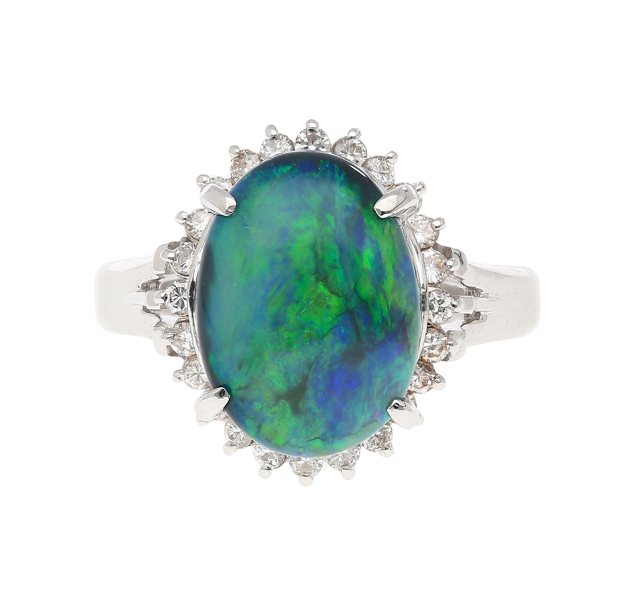 2.78 Carat Black Opal and Diamond Halo Platinum Filigree Ring In New Condition For Sale In Miami, FL