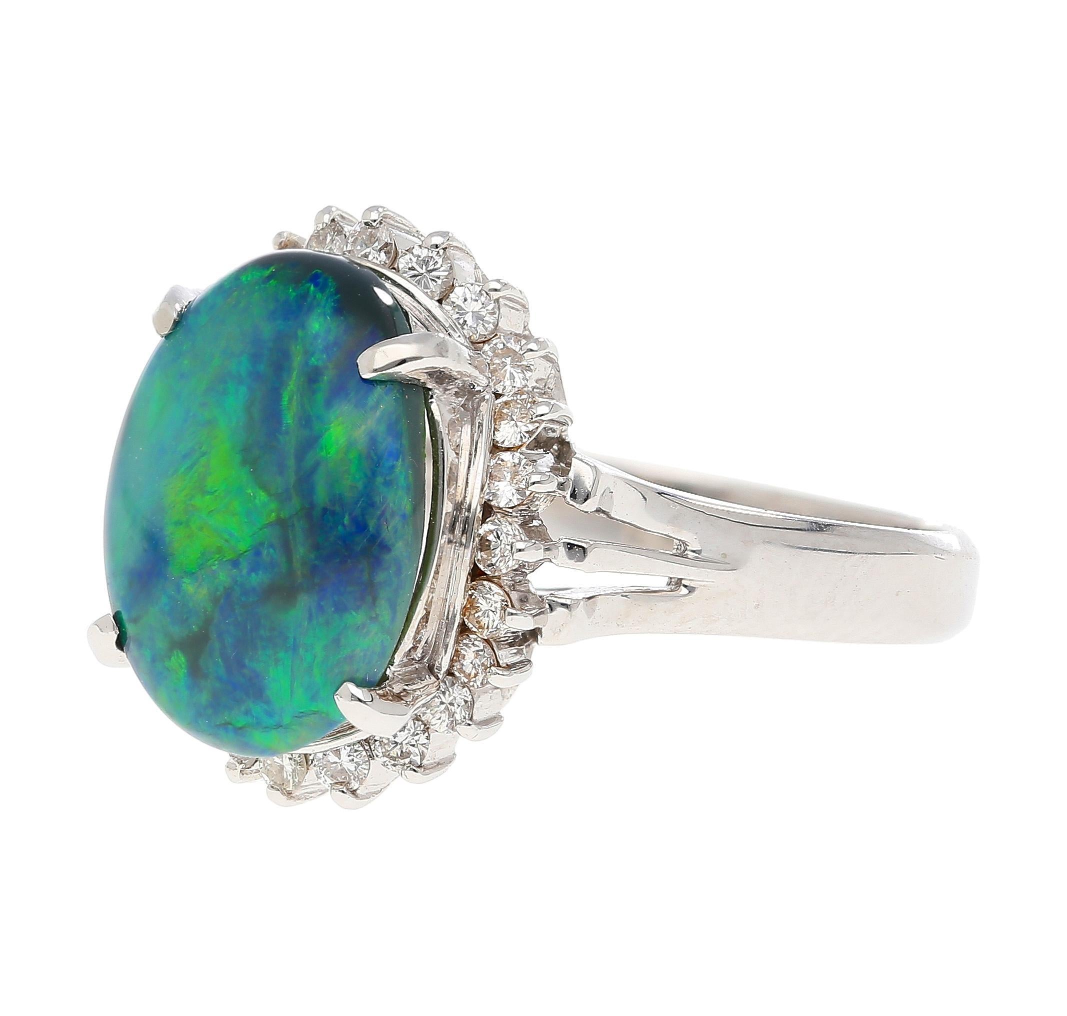 Women's 2.78 Carat Black Opal and Diamond Halo Platinum Filigree Ring For Sale