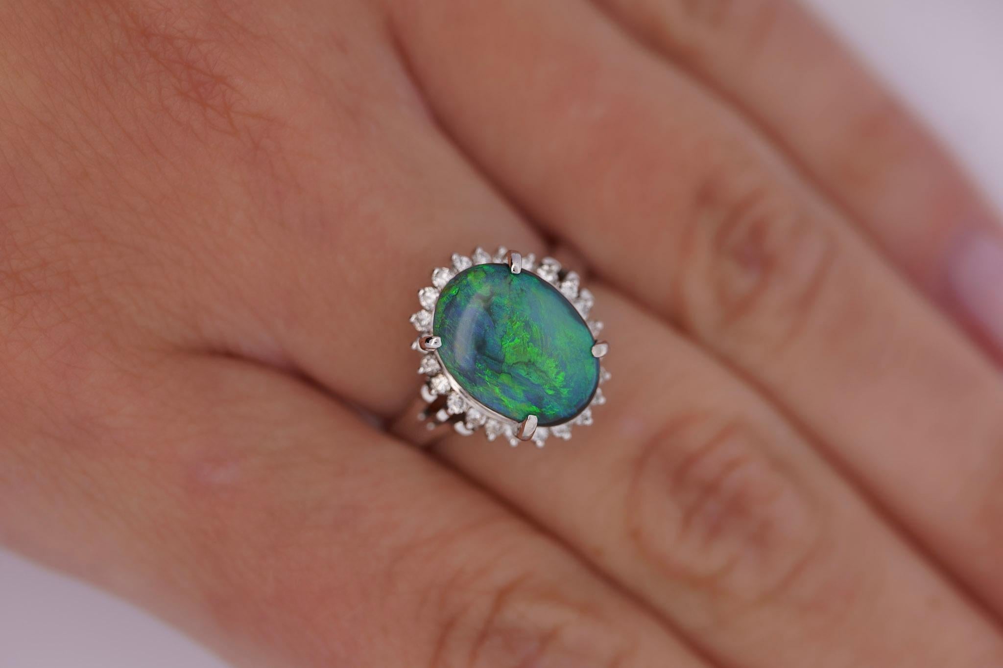 2.78 Carat Black Opal and Diamond Halo Platinum Filigree Ring For Sale 1