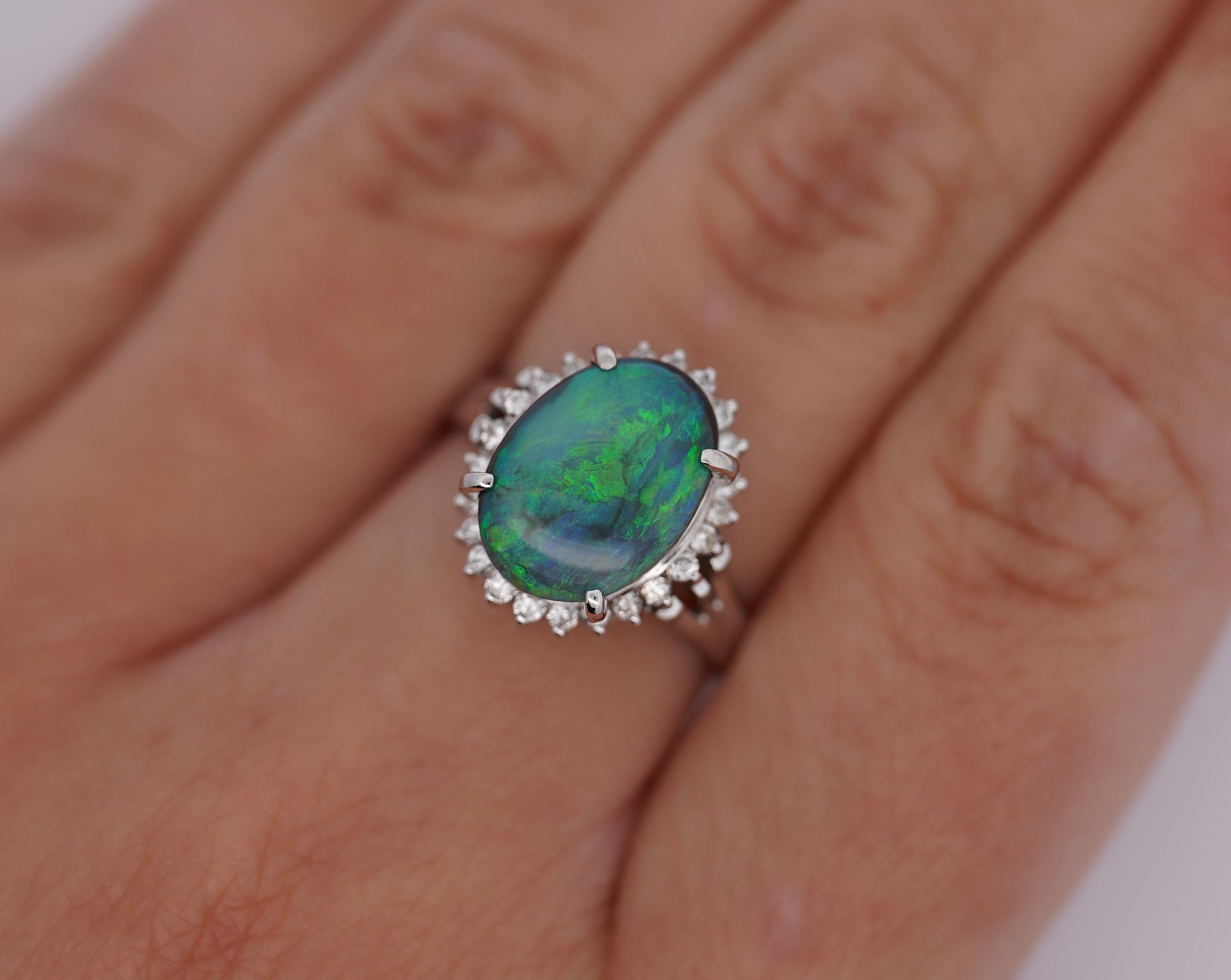 2.78 Carat Black Opal and Diamond Halo Platinum Filigree Ring For Sale 2