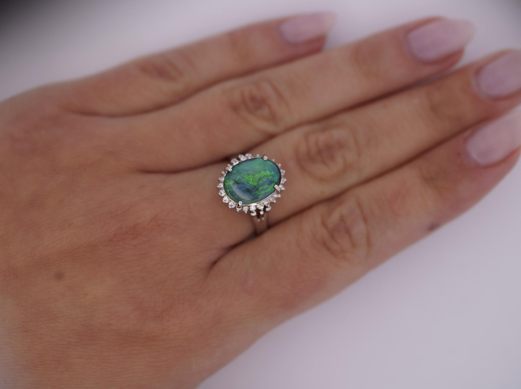 2.78 Carat Black Opal and Diamond Halo Platinum Filigree Ring For Sale 3
