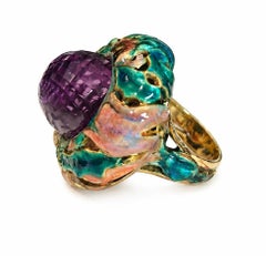 Lila Distel Ring 18K Gelbgold mit 27,8ct Amethyst & Hot Emaille Malereien