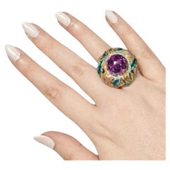 Lila Distel Ring 18K Gelbgold mit 27,8ct Amethyst & Hot Emaille Malereien