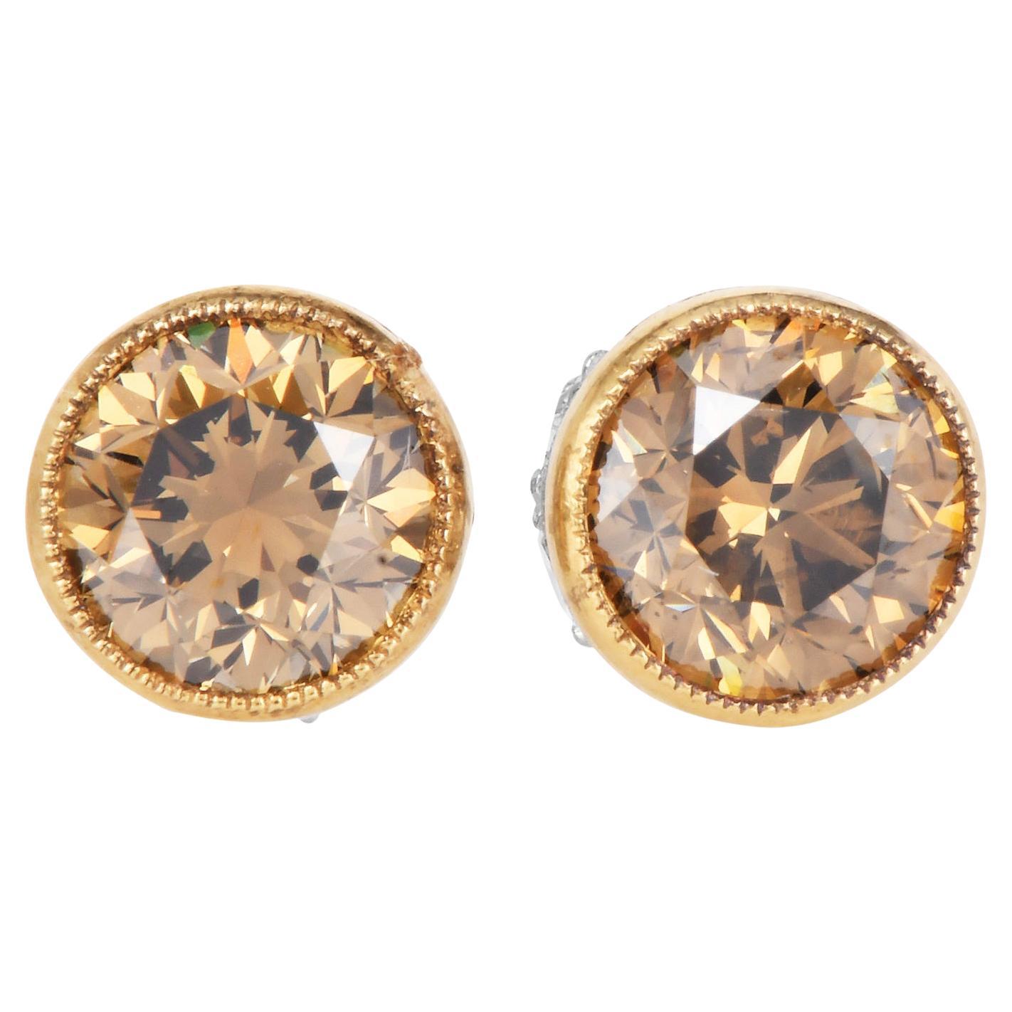 2.78 carat Fancy Brown Yellow Diamond 18K Gold Stud Earrings For Sale