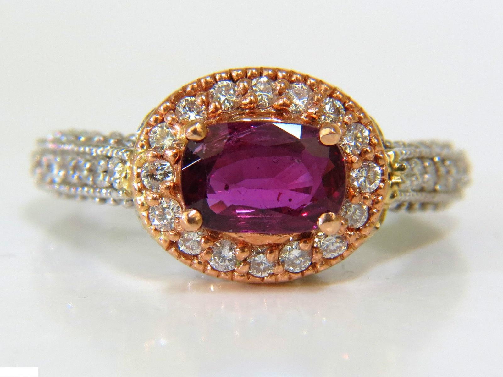 Modern & Delicate

1.48Ct. Natural fine Ruby 

Clean clarity

Transparent with purple - red tone

Fully faceted 

8 X 5.4mm



1.30ct. diamonds

 G-color, Vs-2 clarity.

Full cuts.



Ring is two toned 14kt., rose gold and white gold.

6.0 gms &