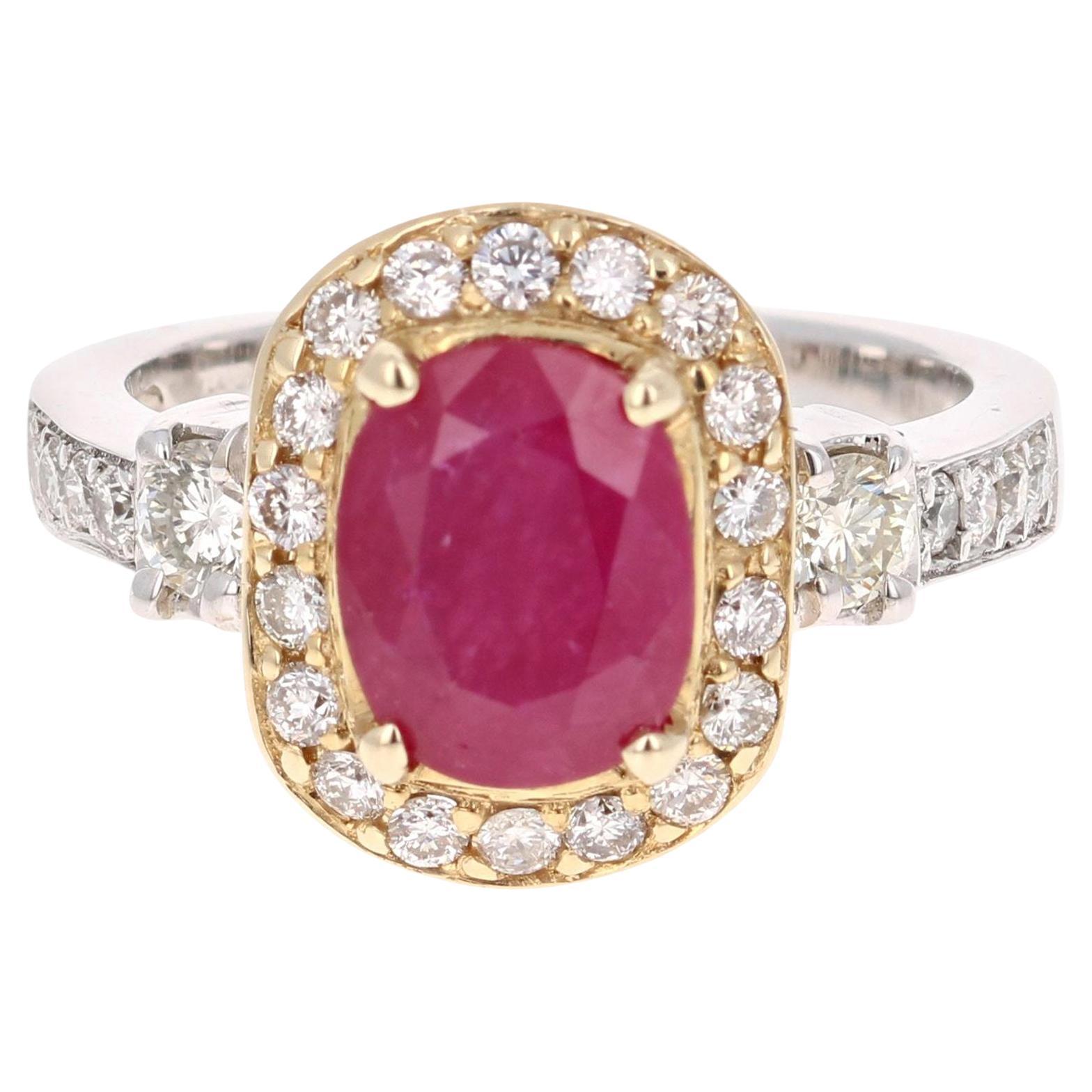 Anello di fidanzamento con rubino naturale da 2,78 carati e diamanti, in oro bianco e giallo a 14 carati