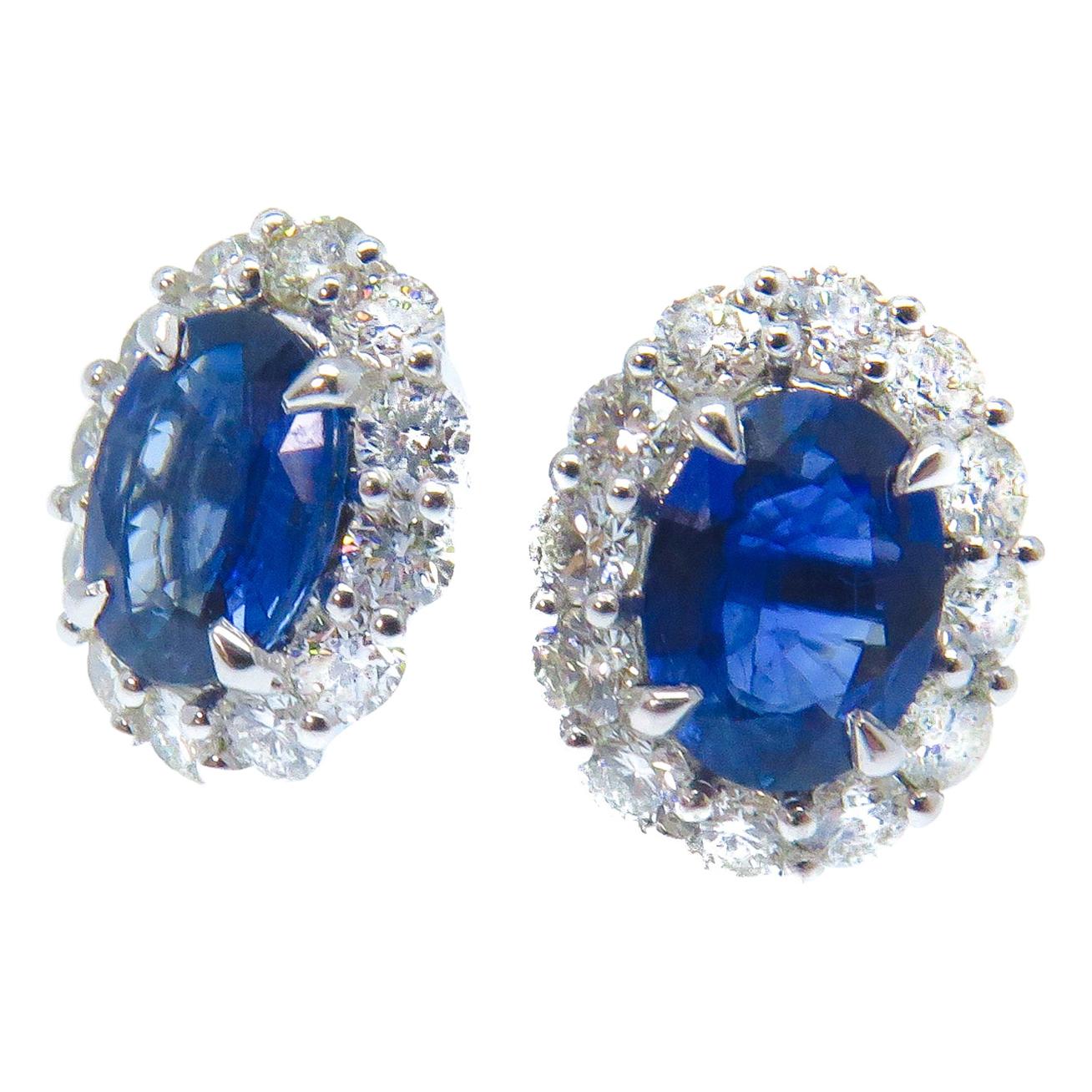 Platinum 2.78 Carat Oval Cut Blue Sapphire Stud Earrings For Sale