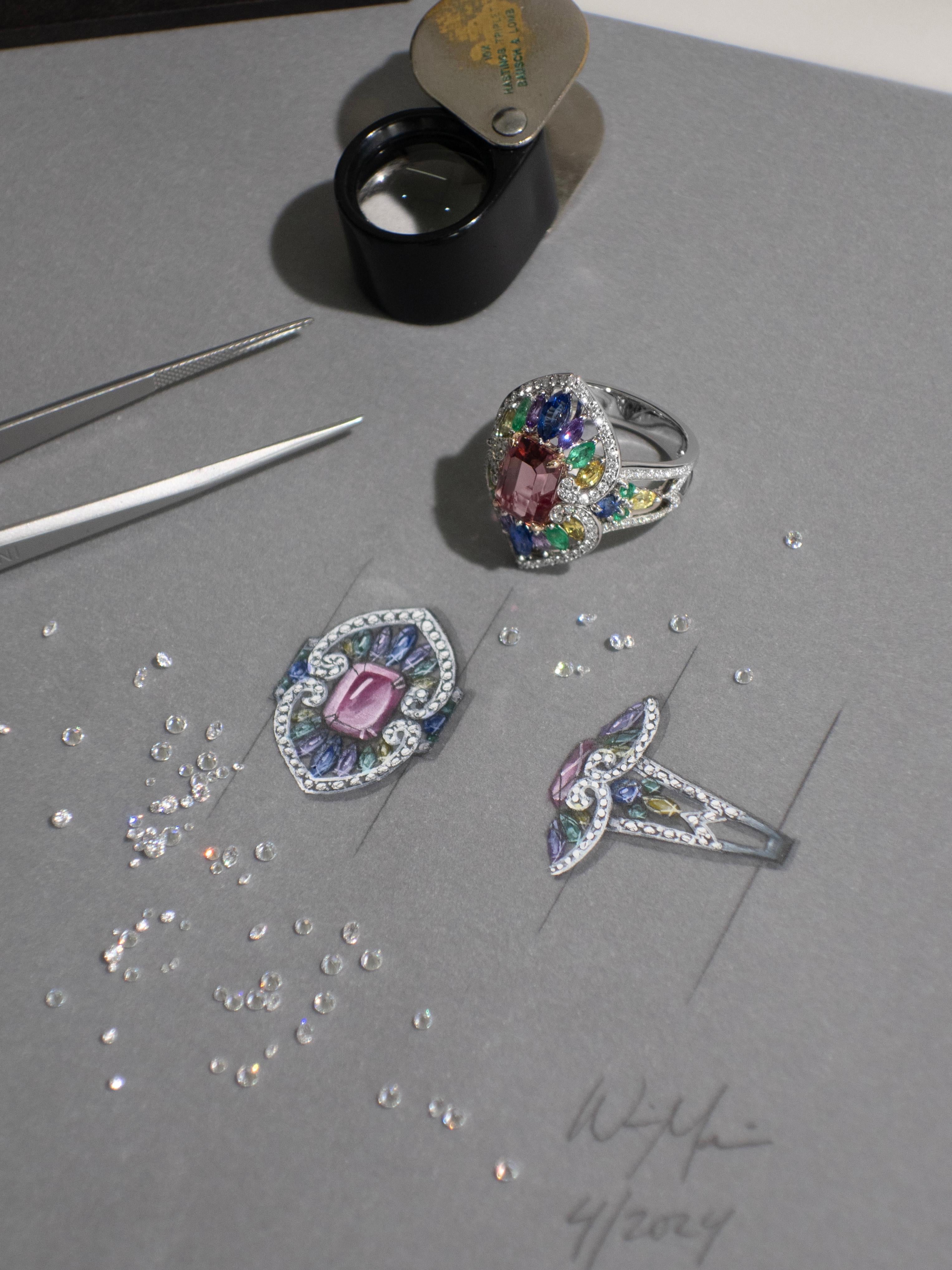 2.78 Carat Pink Tourmaline, Sapphire, Emerald and Diamond Cocktail Ring For Sale 4