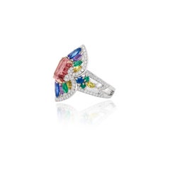 2.78 Carat Pink Tourmaline, Sapphire, Emerald and Diamond Cocktail Ring