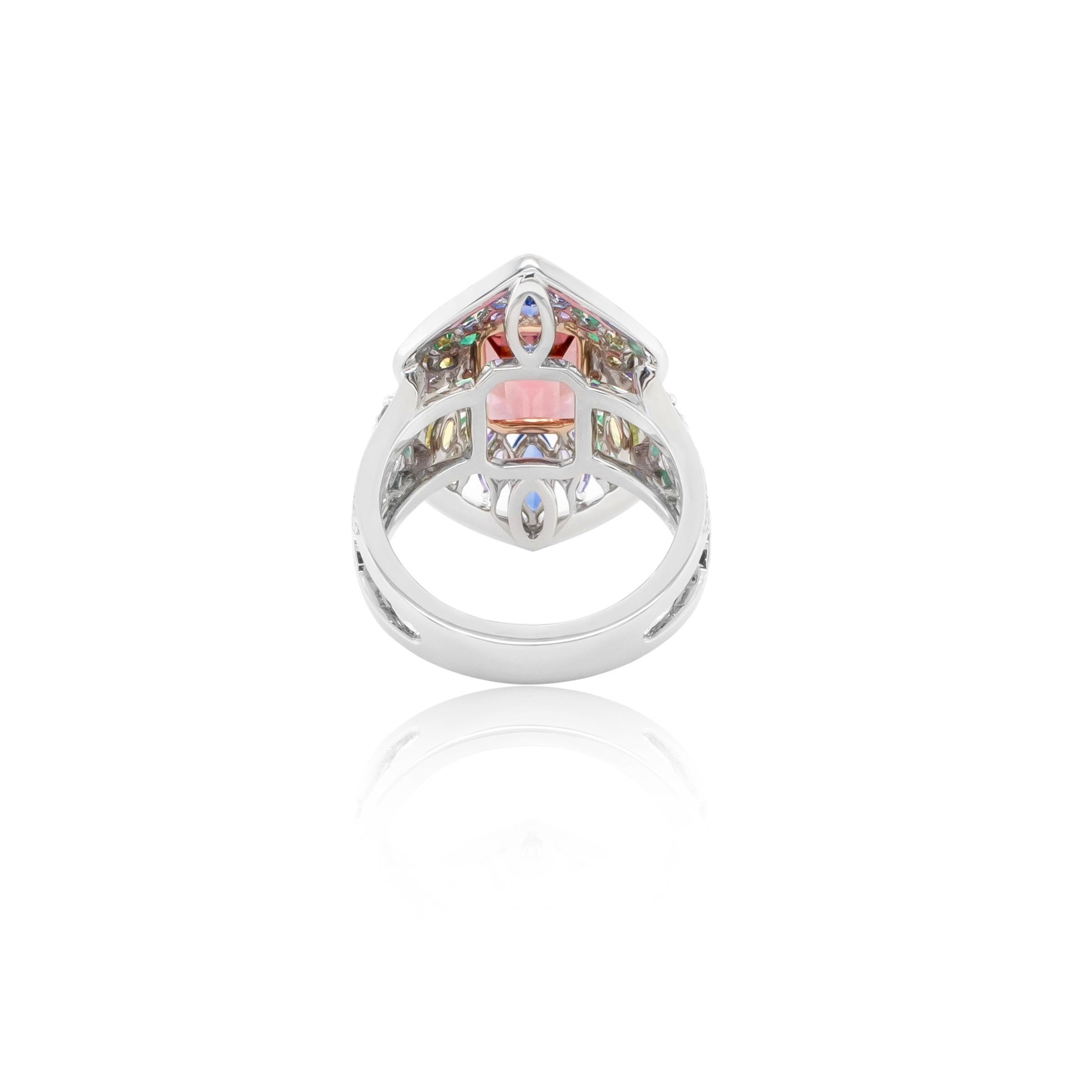 Art Deco 2.78 Carat Pink Tourmaline, Sapphire, Emerald and Diamond Cocktail Ring For Sale