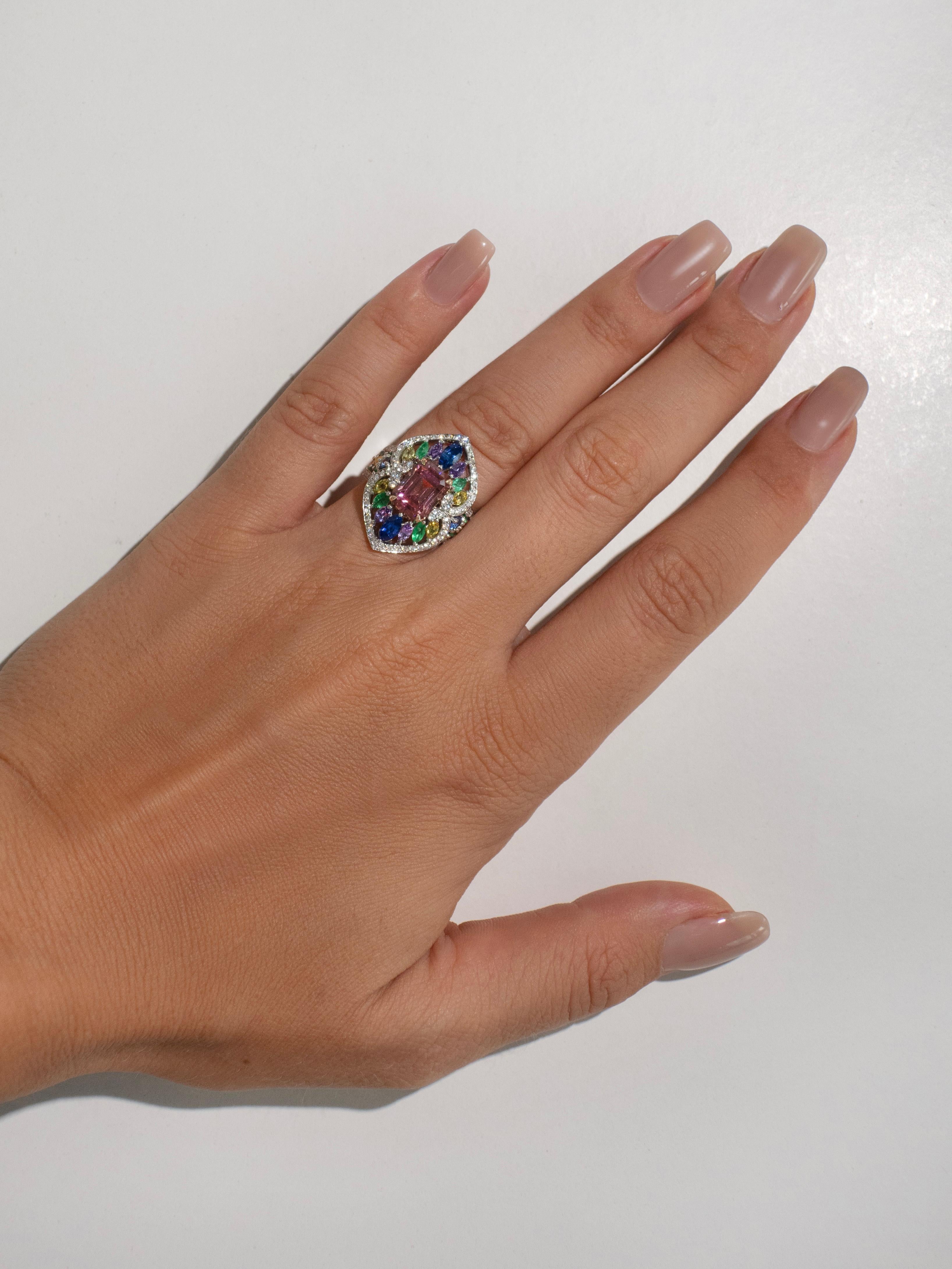 Mixed Cut 2.78 Carat Pink Tourmaline, Sapphire, Emerald and Diamond Cocktail Ring For Sale