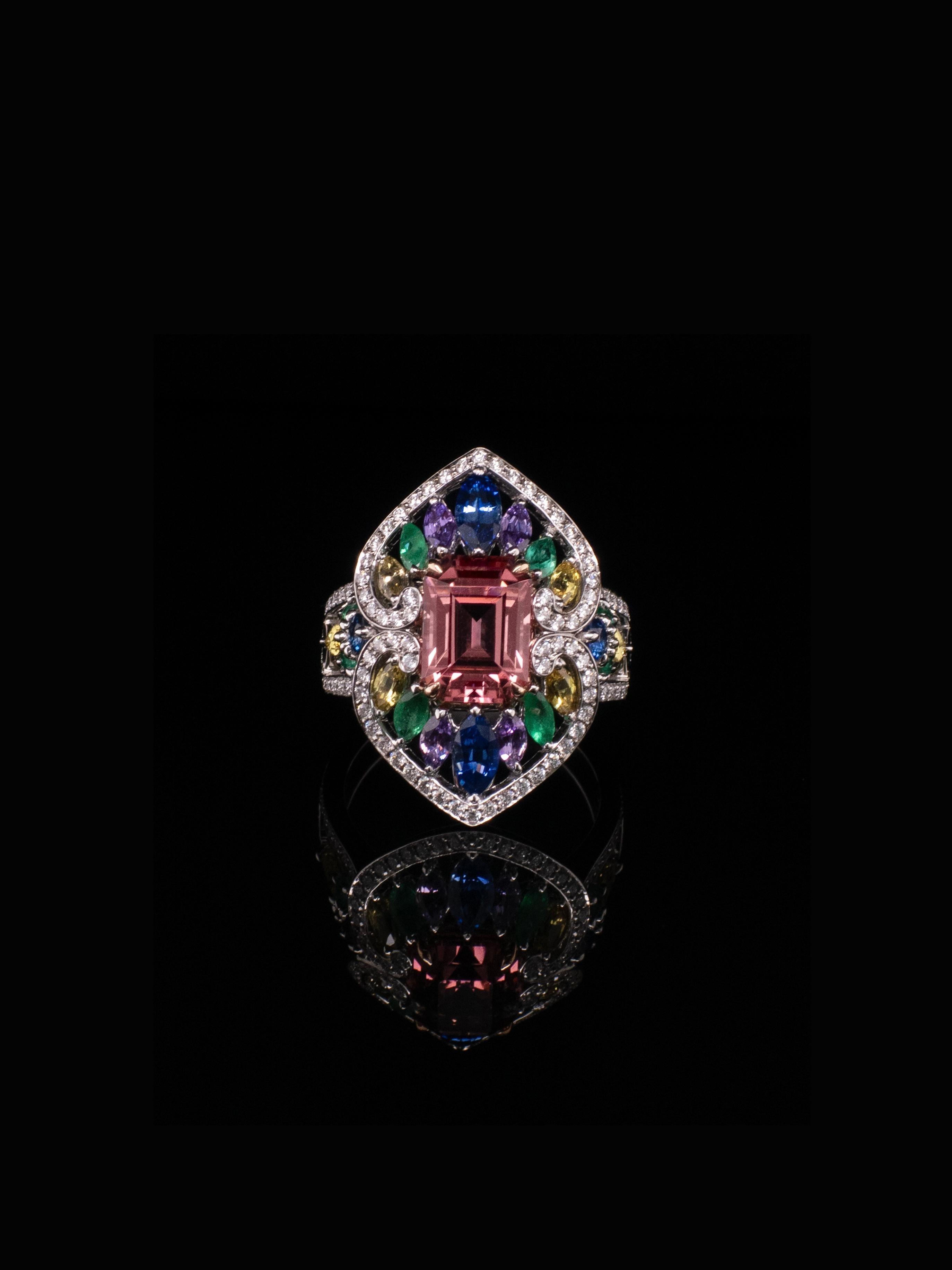 2.78 Carat Pink Tourmaline, Sapphire, Emerald and Diamond Cocktail Ring In New Condition For Sale In Bangkok, TH