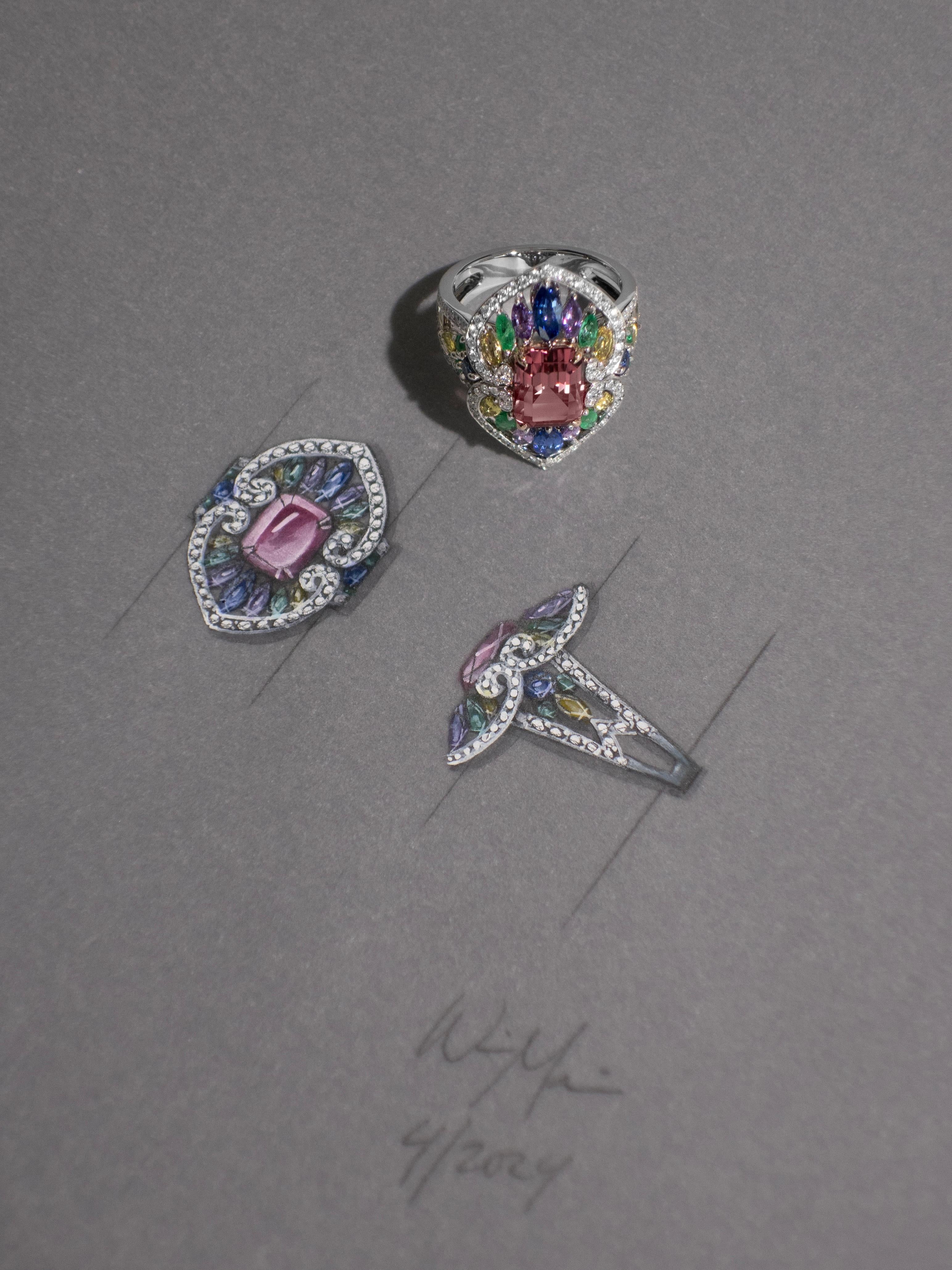 Women's or Men's 2.78 Carat Pink Tourmaline, Sapphire, Emerald and Diamond Cocktail Ring For Sale