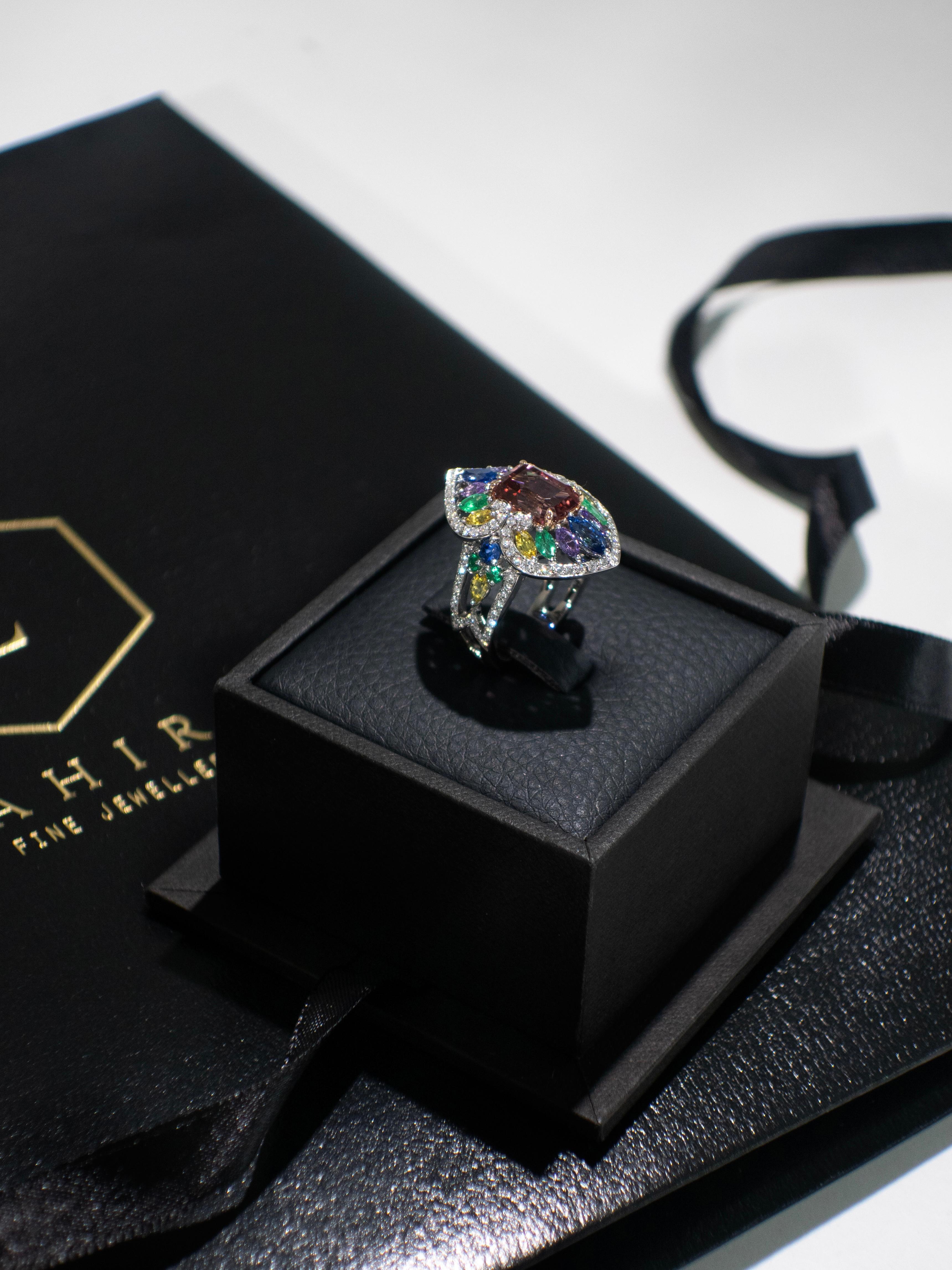 2.78 Carat Pink Tourmaline, Sapphire, Emerald and Diamond Cocktail Ring For Sale 1