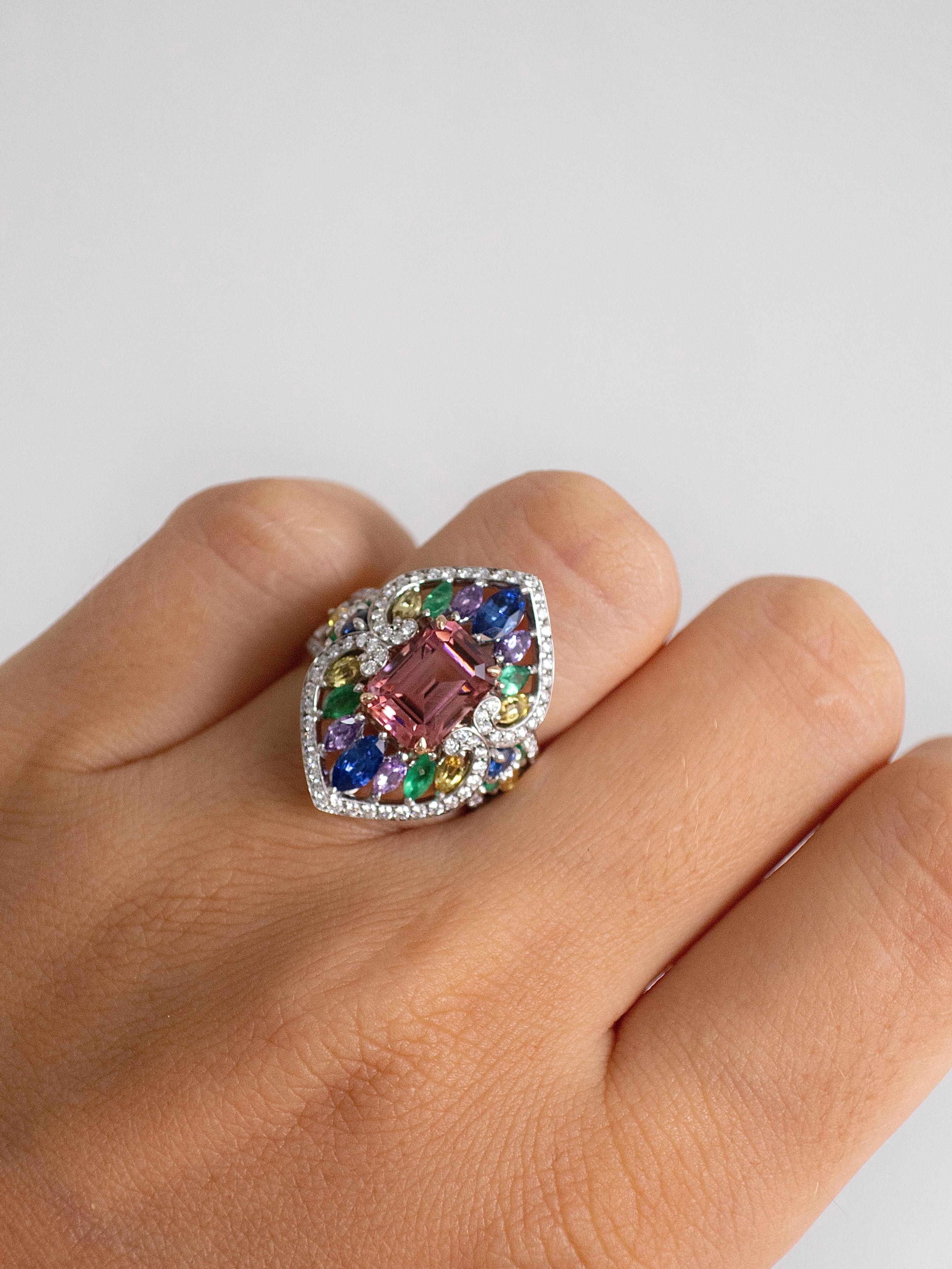 2.78 Carat Pink Tourmaline, Sapphire, Emerald and Diamond Cocktail Ring For Sale 2