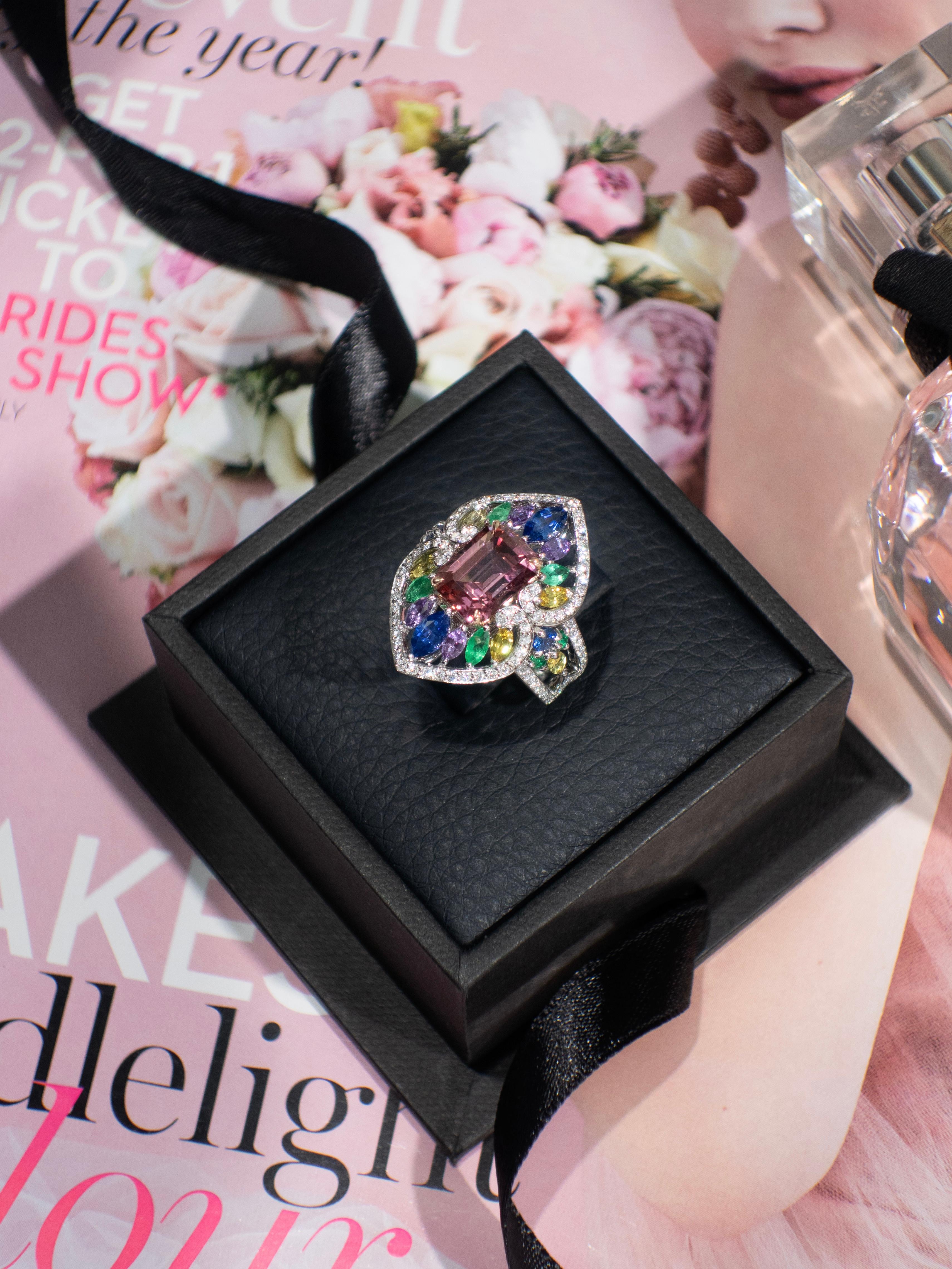 2.78 Carat Pink Tourmaline, Sapphire, Emerald and Diamond Cocktail Ring For Sale 3
