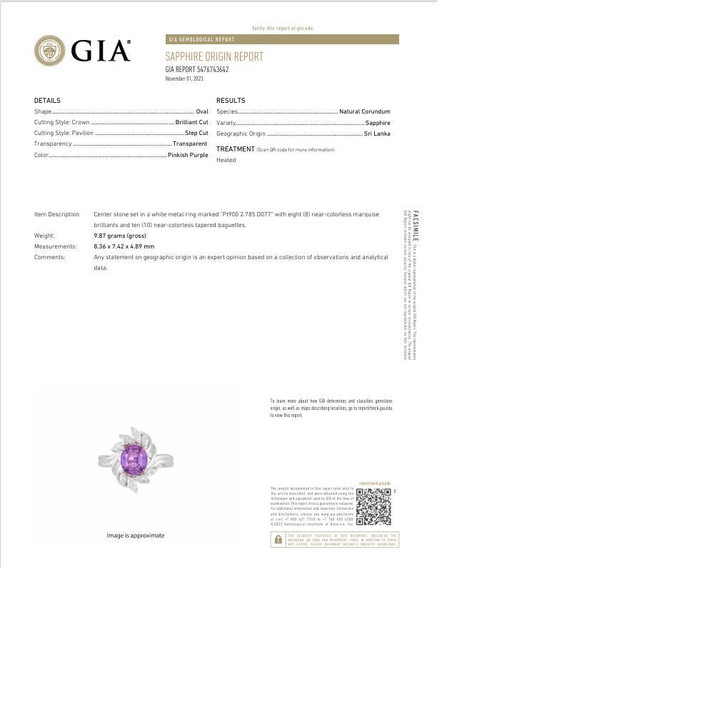 Platinring mit 2,78 Karat rosafarbenem, violettem Saphir und Diamant, GIA-zertifiziert im Zustand „Neu“ im Angebot in Beverly Hills, CA