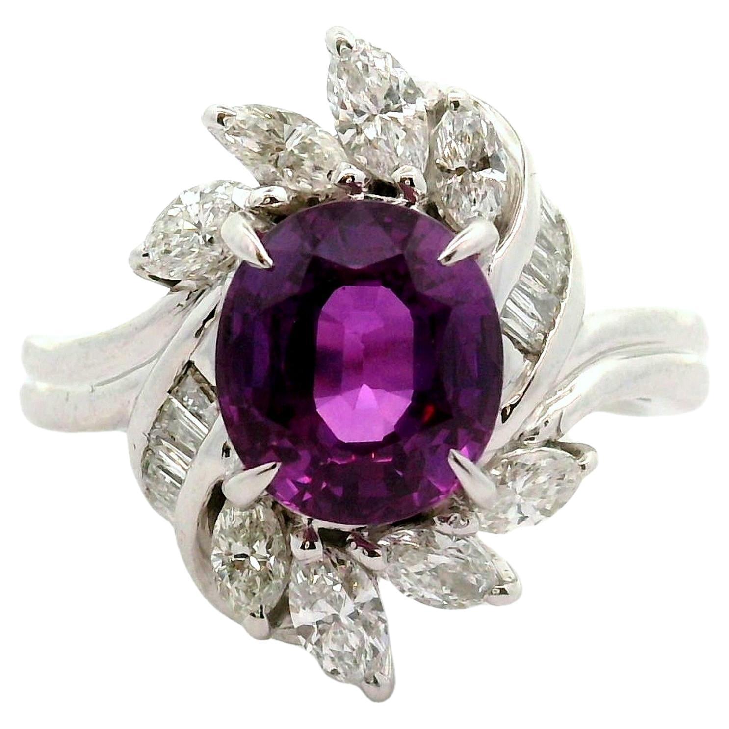 2.78 Carat Pinkish-Purple Sapphire Diamond Platinum Ring, GIA Certified