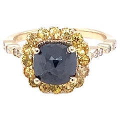 2.78 Carat Round Cut Black Diamond Sapphire 14 Karat Yellow Gold Engagement Ring