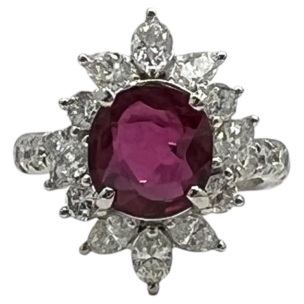 2.78 Carat Ruby Cushion and Diamond Ring in Platinum For Sale