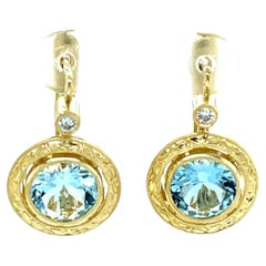 2.78 Carat Total Round Aquamarine and Diamond Drop Earrings in 18k Yellow Gold