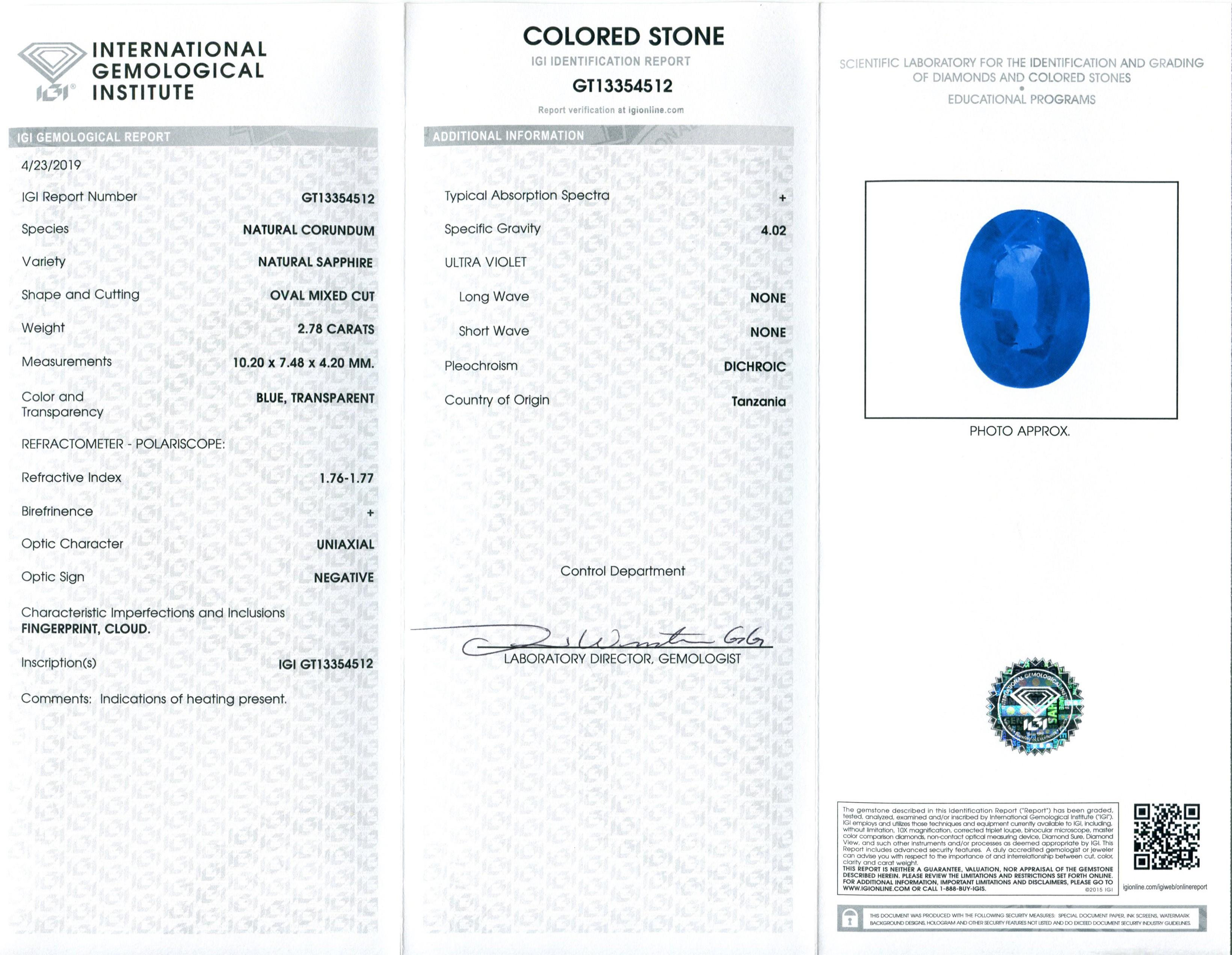 2.78 ct Blue Sapphire Oval IGI Certified Tanzanian For Sale 2