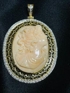 27.81 Carat Coral and Diamond Pendant in 18K Yellow Gold