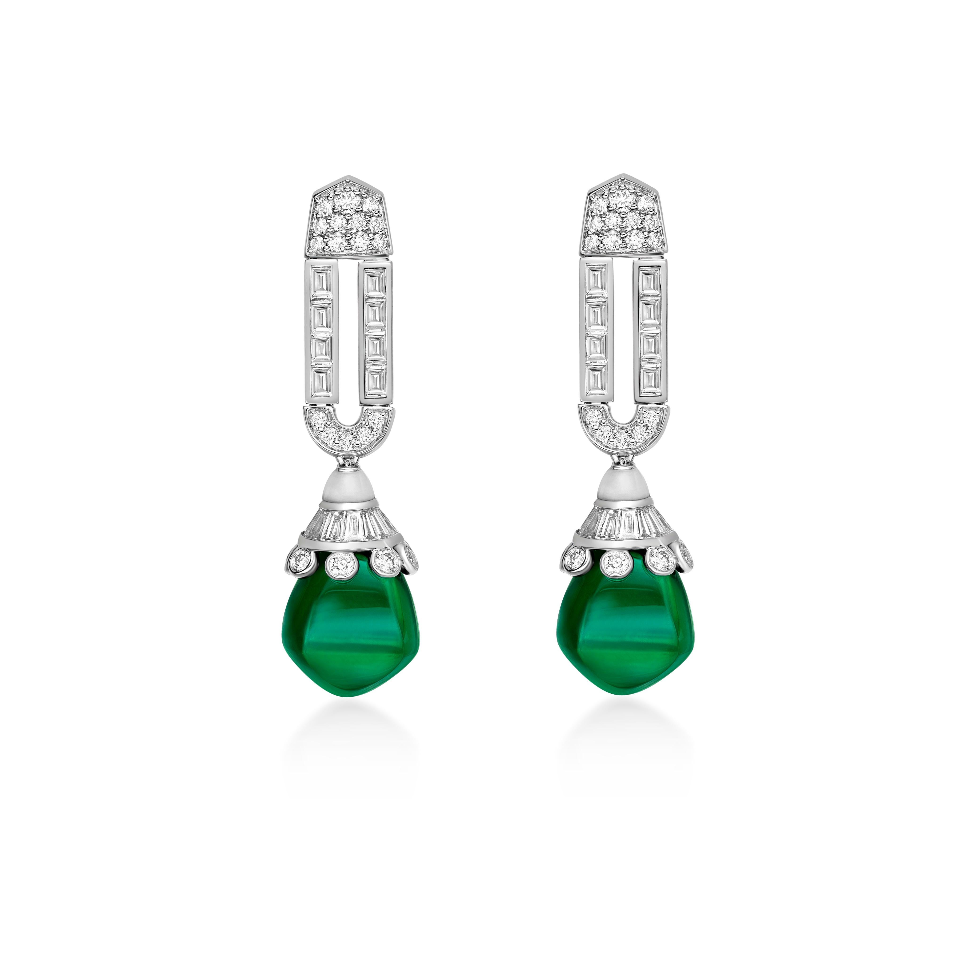 Contemporary 27.83 Carat Green Tourmaline Drop Earrings in 18Karat White Gold with Diamond. For Sale