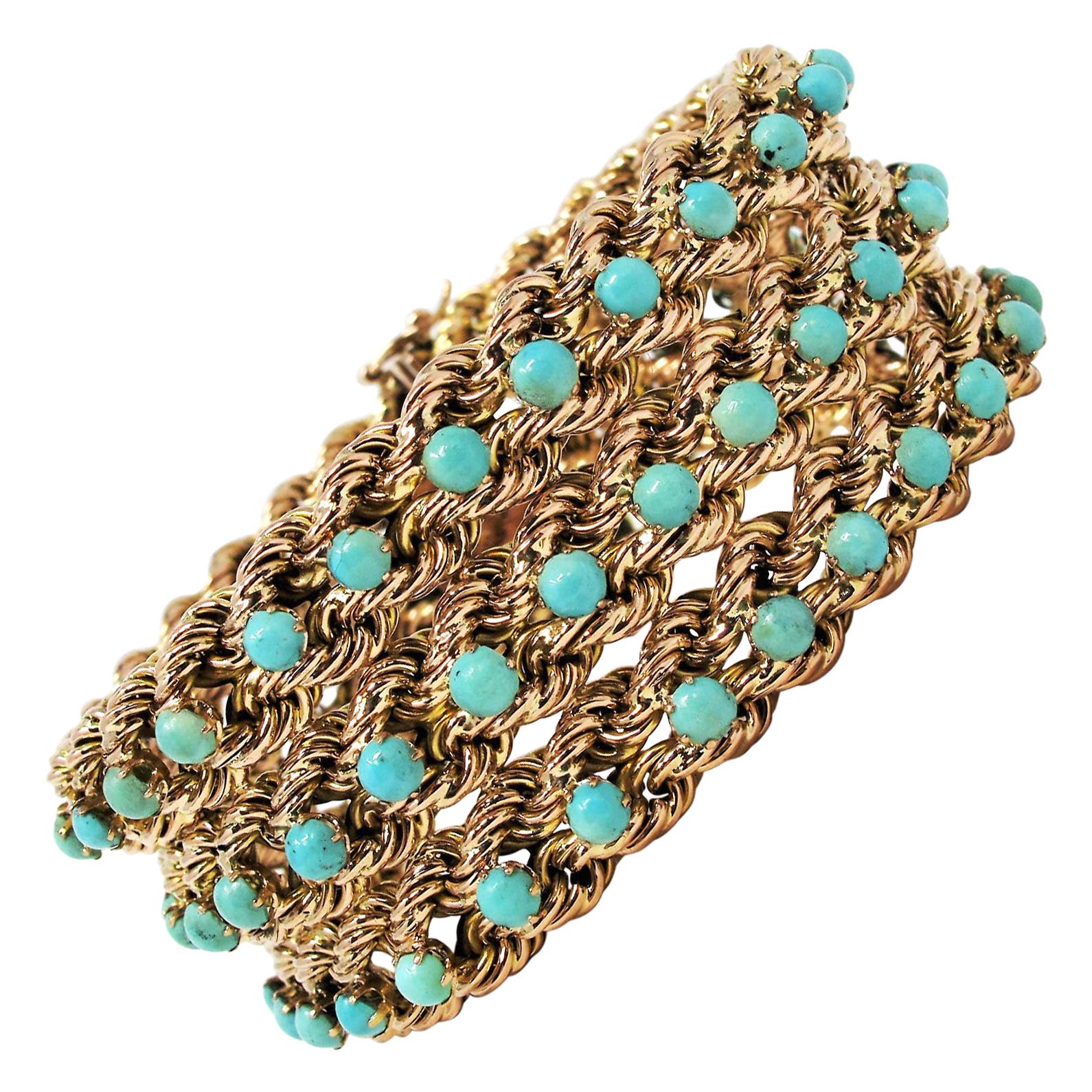 27.84 Carat Multi-Row Cabochon Turquoise Wide Rope Bracelet 14 Karat Yellow Gold