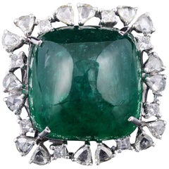 27.86 Carat Square Zambian Emerald Cabochon and Rose Cut Diamonds Cocktail Ring