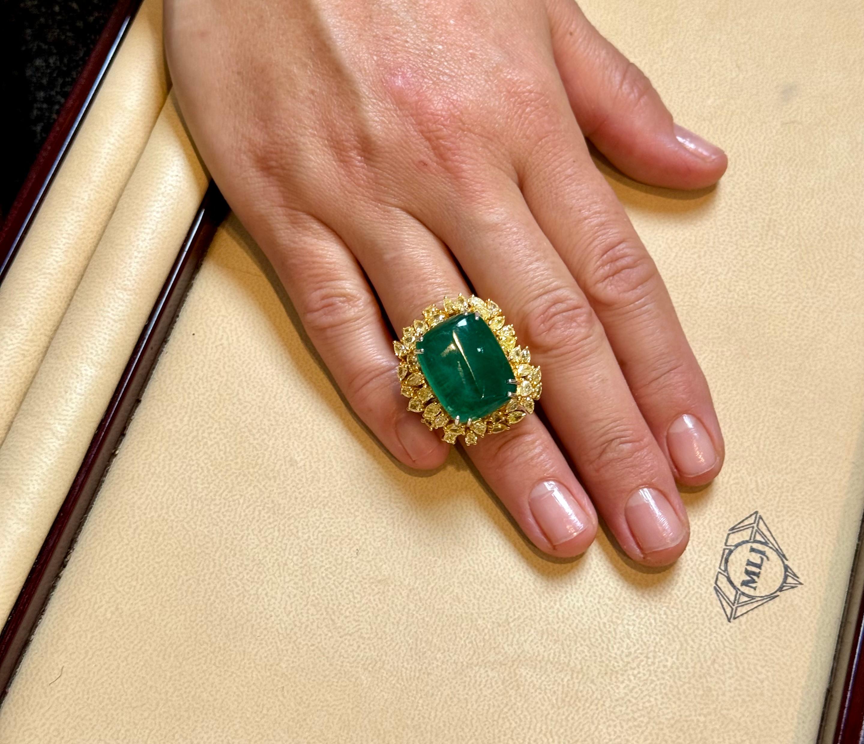 27.89 Ct Natural Colombian Emerald Cabochon & 5.73 Ct Yellow Diamond Ring 18 Kt For Sale 14