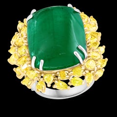 27.89 Ct Natural Colombian Emerald Cabochon & 5.73 Ct Yellow Diamond Ring 18 Kt