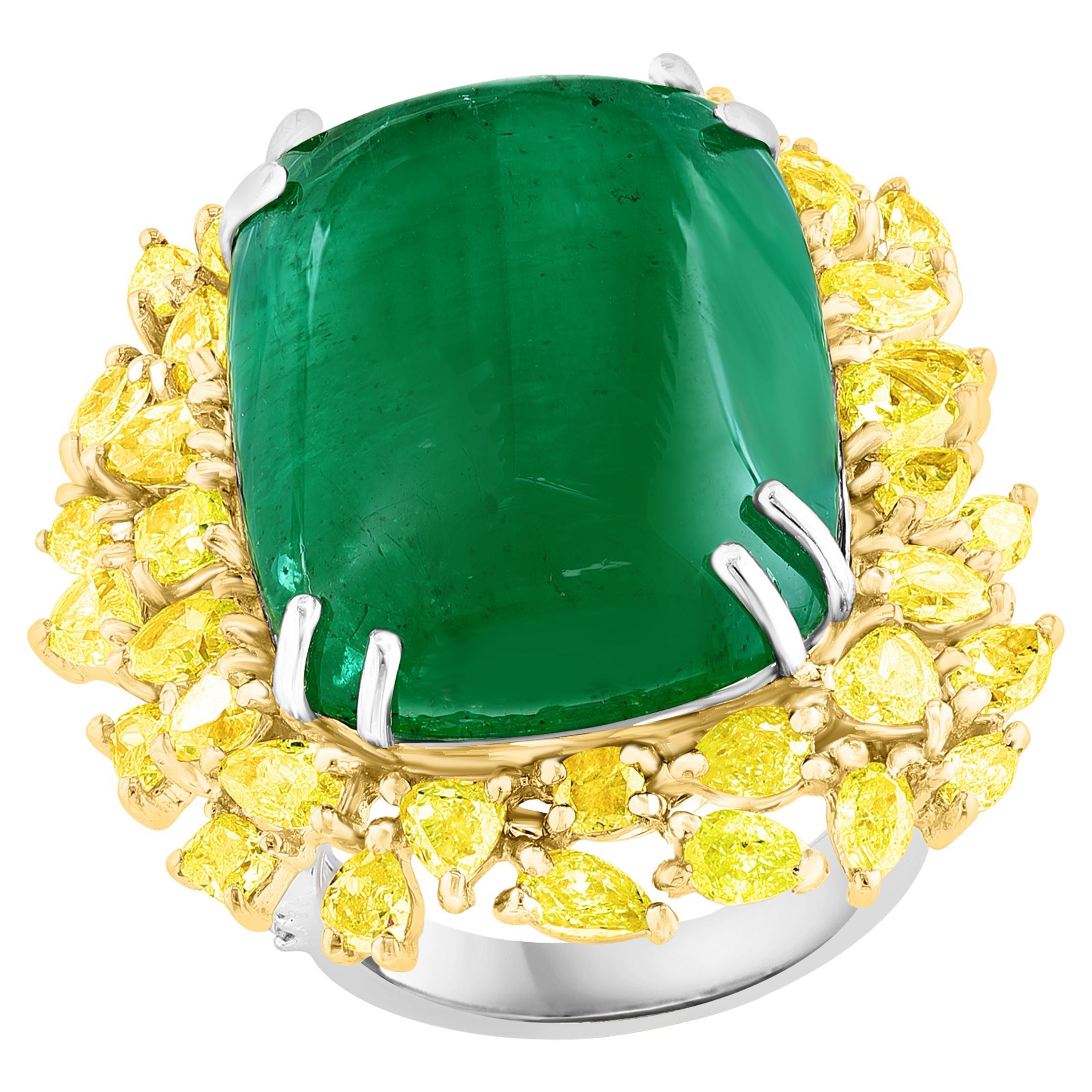 Bague en or 18 carats avec émeraude naturelle de Colombie cabochon de 27,89 carats et diamant jaune de 5,73 carats
