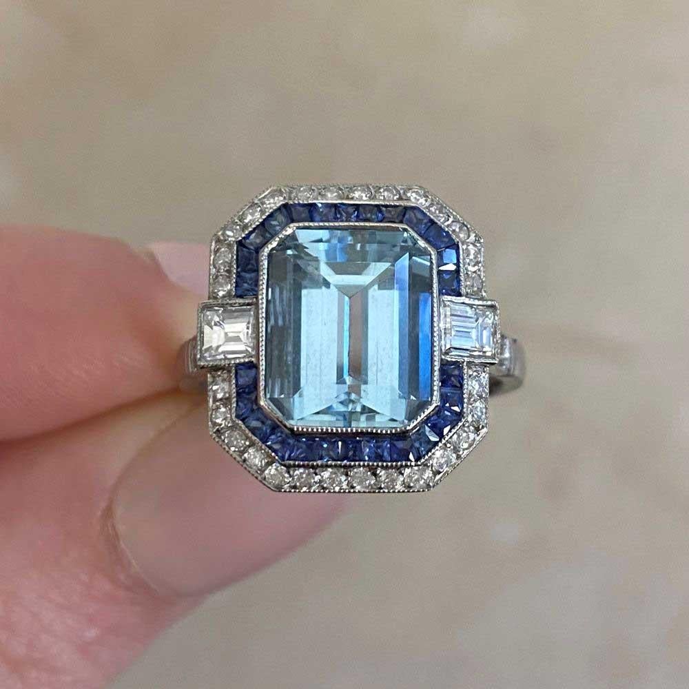 2.78ct Emerald Cut Natural Aquamarine Cocktail Ring, Double Halo, Platinum For Sale 5