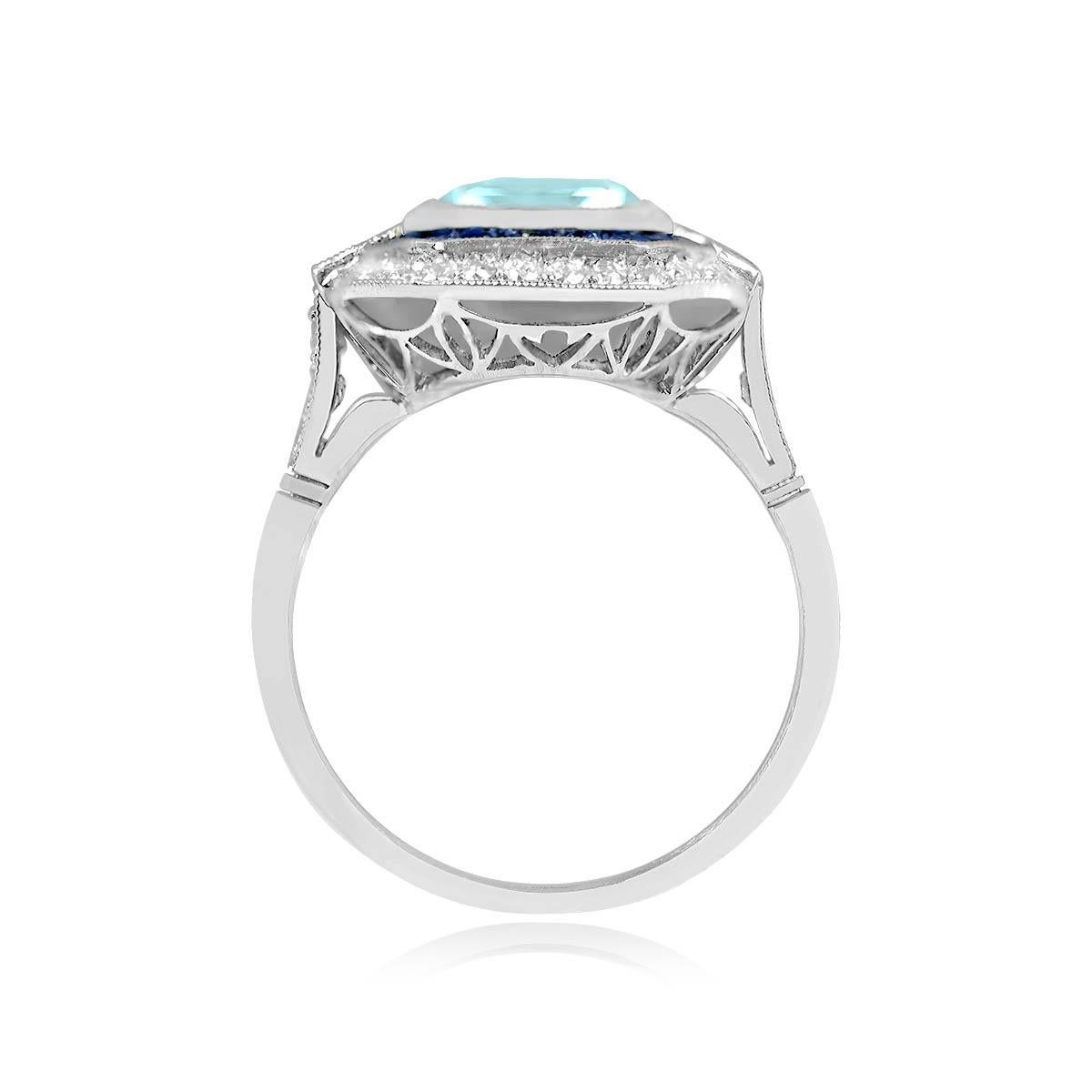 2.78ct Emerald Cut Natural Aquamarine Cocktail Ring, Double Halo, Platinum In Excellent Condition For Sale In New York, NY
