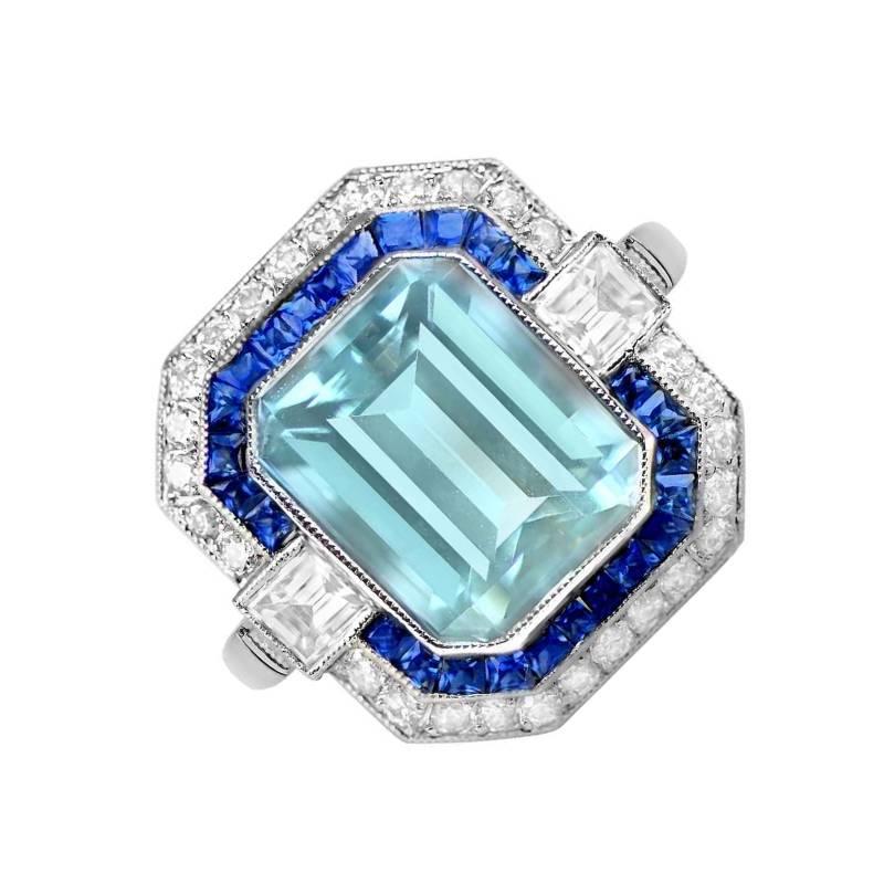 2.78ct Emerald Cut Natural Aquamarine Cocktail Ring, Double Halo, Platinum For Sale