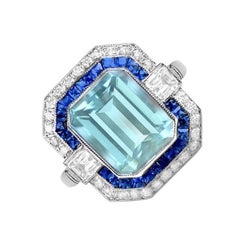 2.78ct Emerald Cut Natural Aquamarine Cocktail Ring, Double Halo, Platinum