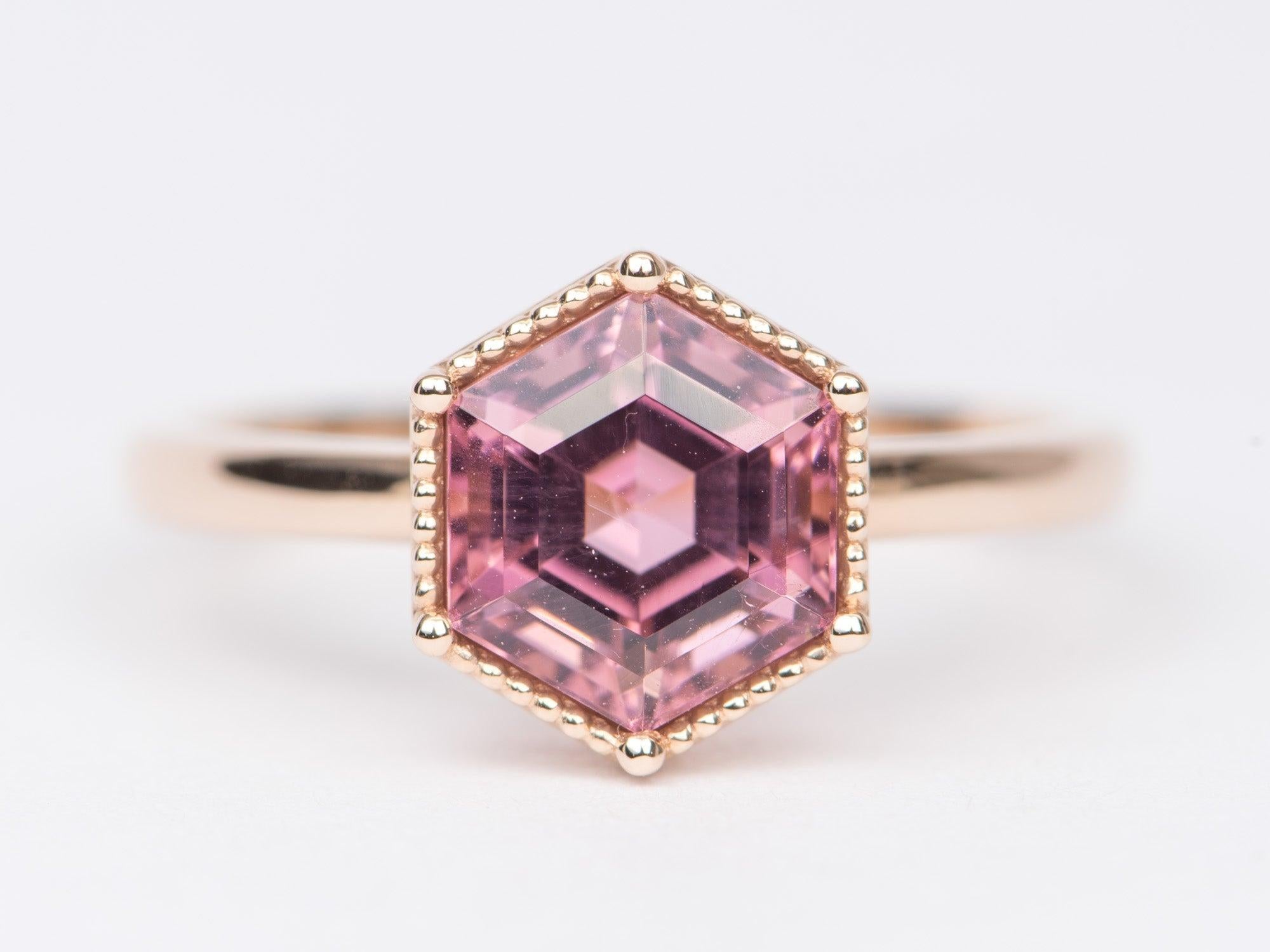 ♥ Solid 14k rose gold ring set with a beautiful hexagon-shaped tourmaline
♥ Gorgeous pink color!
♥ The item measures 10.5mm in length, 9.1mm in width, and stands 7.1mm from the finger

♥ US Size 7 (Free resizing up or down 1 size)
♥ Band width: