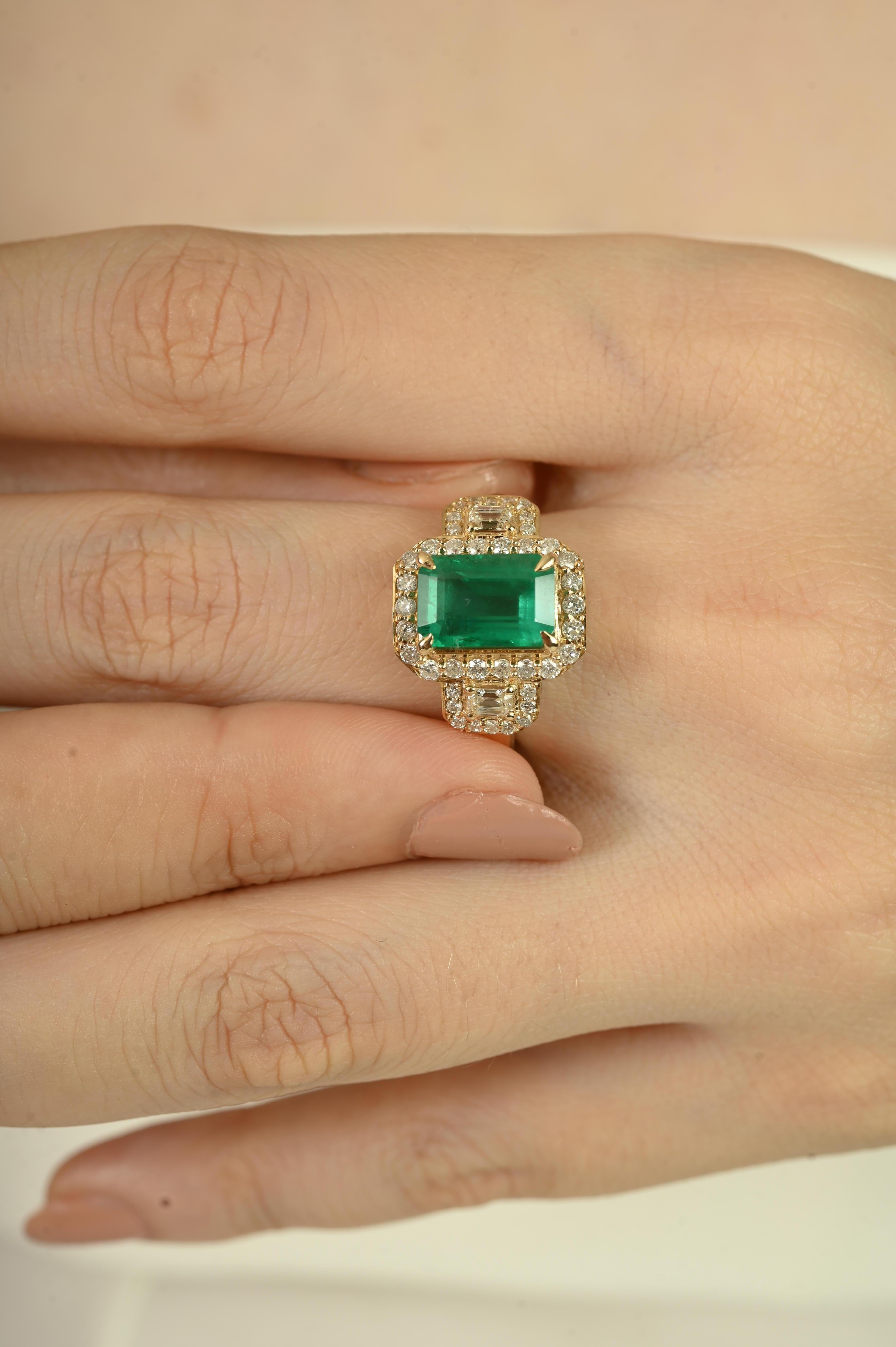 For Sale:  2.78Ct Octagon Cut Emerald Cocktail Ring with Halo Diamonds in 14K Yellow Gold 6