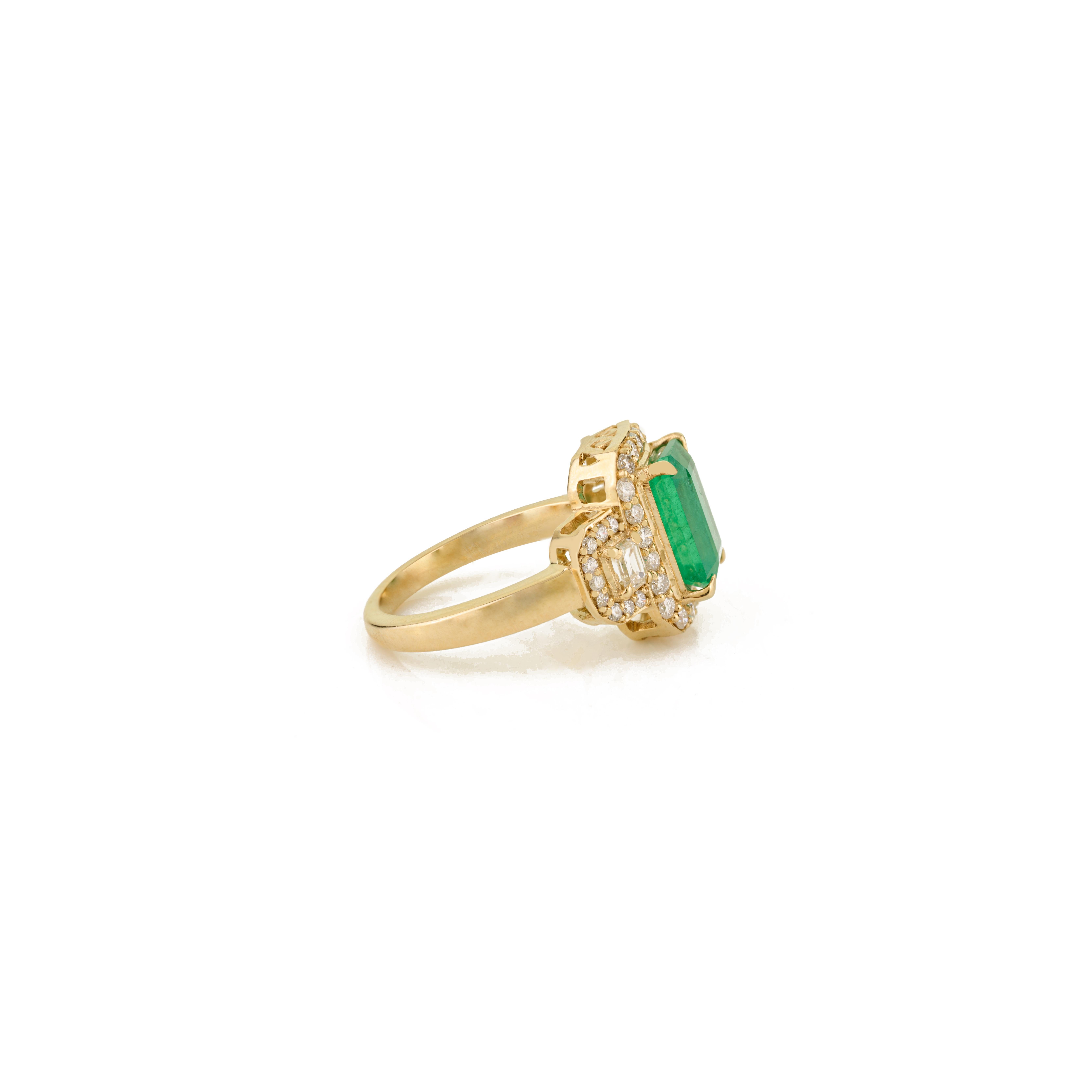 For Sale:  2.78Ct Octagon Cut Emerald Cocktail Ring with Halo Diamonds in 14K Yellow Gold 7