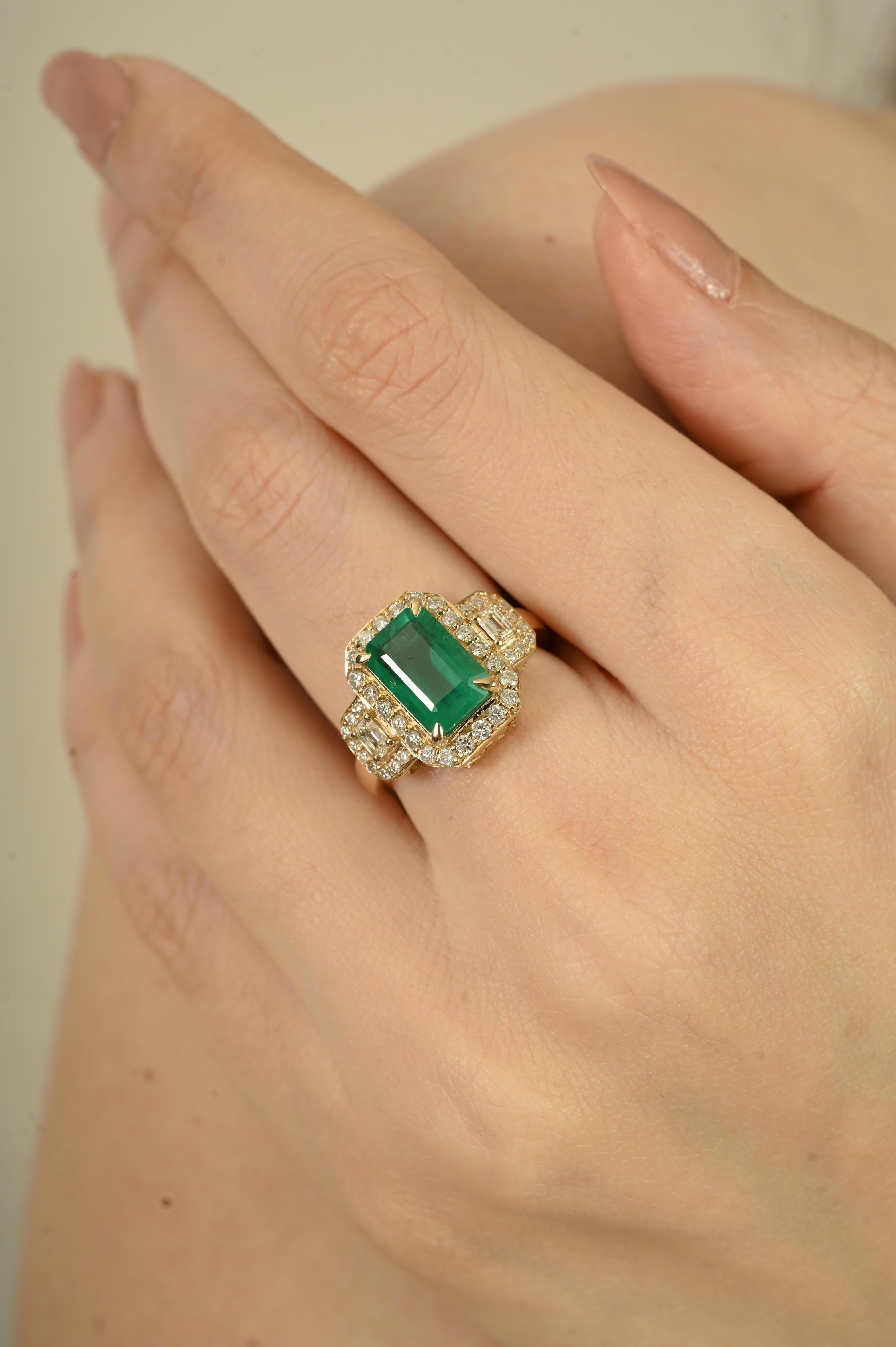 For Sale:  2.78Ct Octagon Cut Emerald Cocktail Ring with Halo Diamonds in 14K Yellow Gold 8