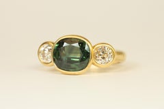 Oval Green Sapphire & Old Mine Cut Diamond Three-Stone Ring
