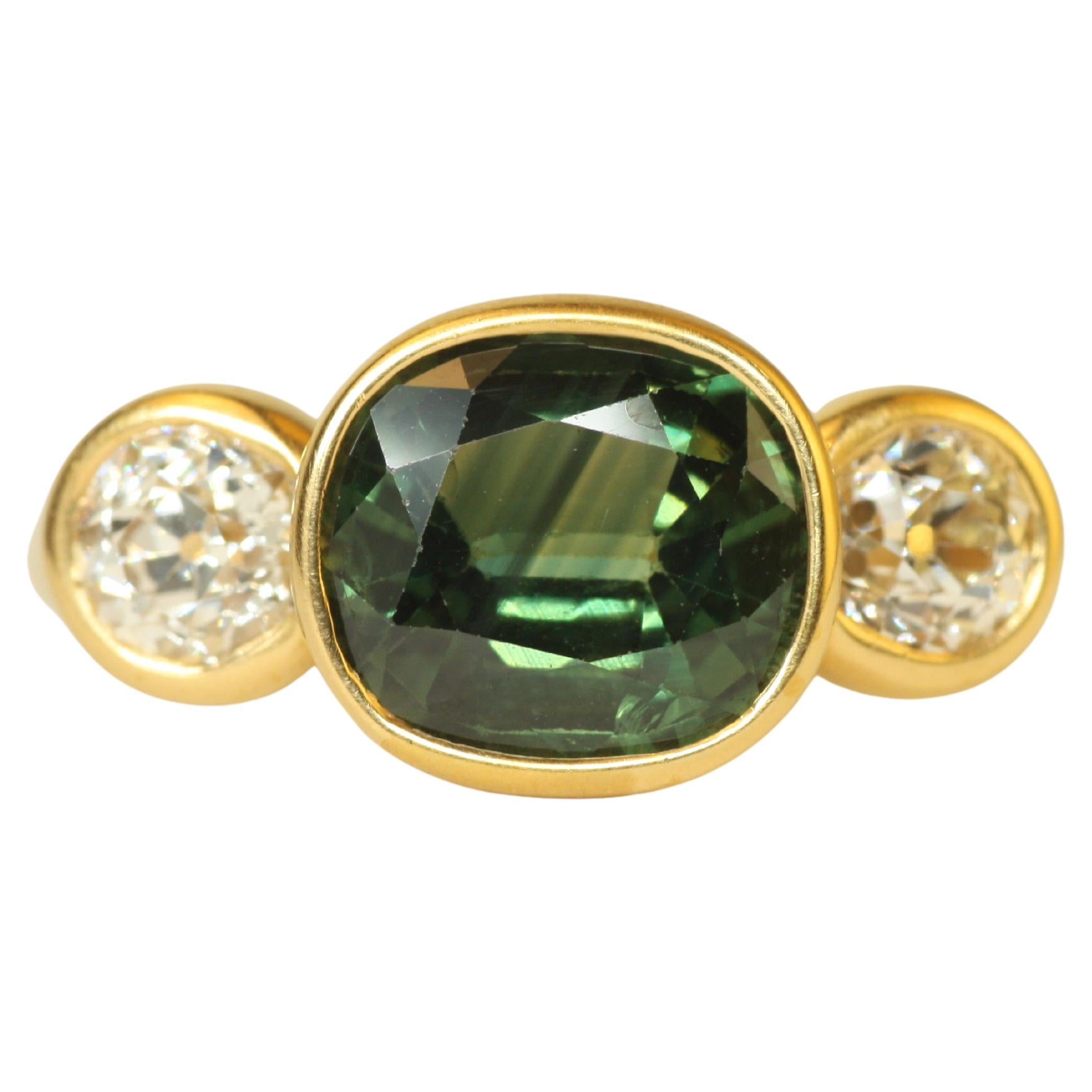 2.78ct Oval Green Sapphire & 1.02ct Old Mine Cut Diamond 22K Gold 3-Stone Ring