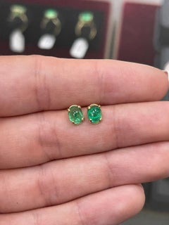 2.78tcw 14K Colombian Emerald Cabochon Cut Oval Shape Four Prong Stud Earrings