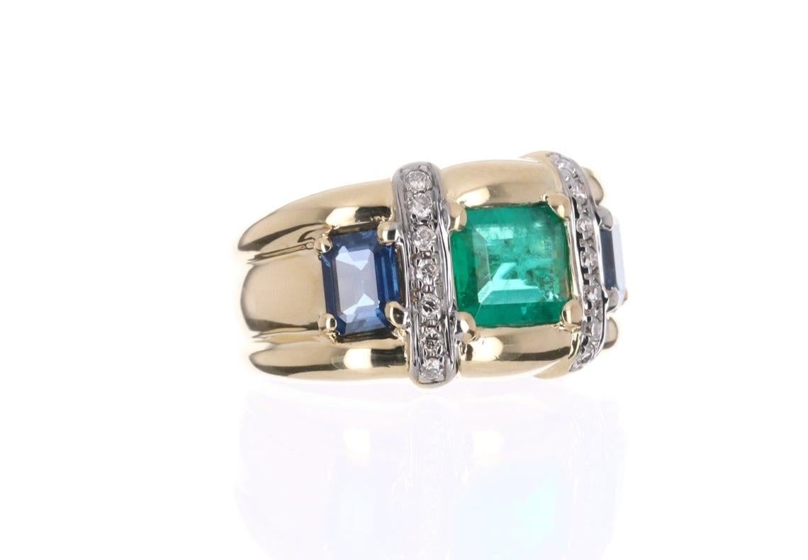Art Deco 2.78tcw 18K Colombian Emerald, Blue Sapphire, & Diamond 14K Gold Ring